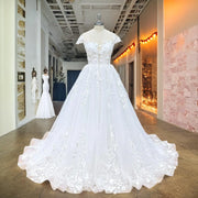 Cap Sleeve A-Line Wedding Dress with Pearls Appliques and Button Back