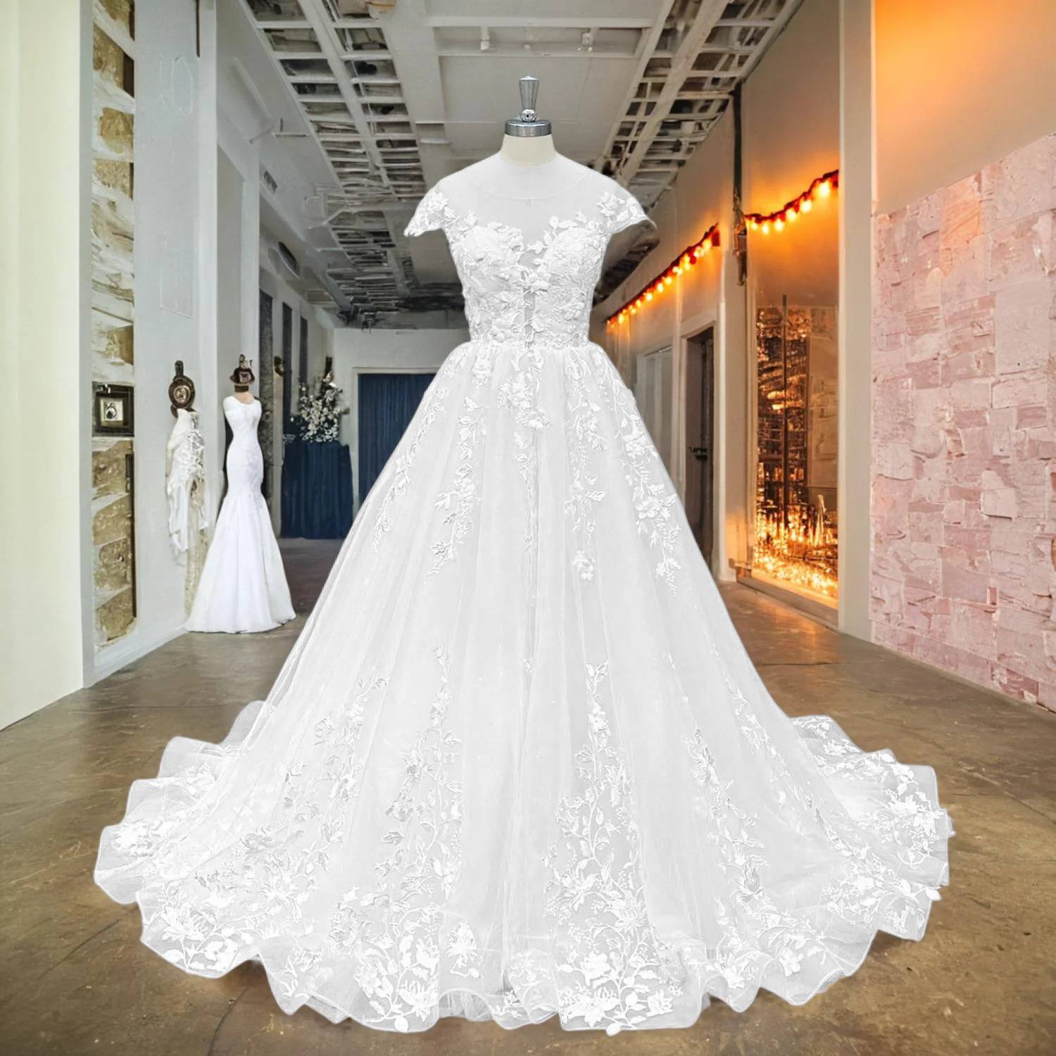 Cap Sleeve A-Line Wedding Dress with Pearls Appliques and Button Back