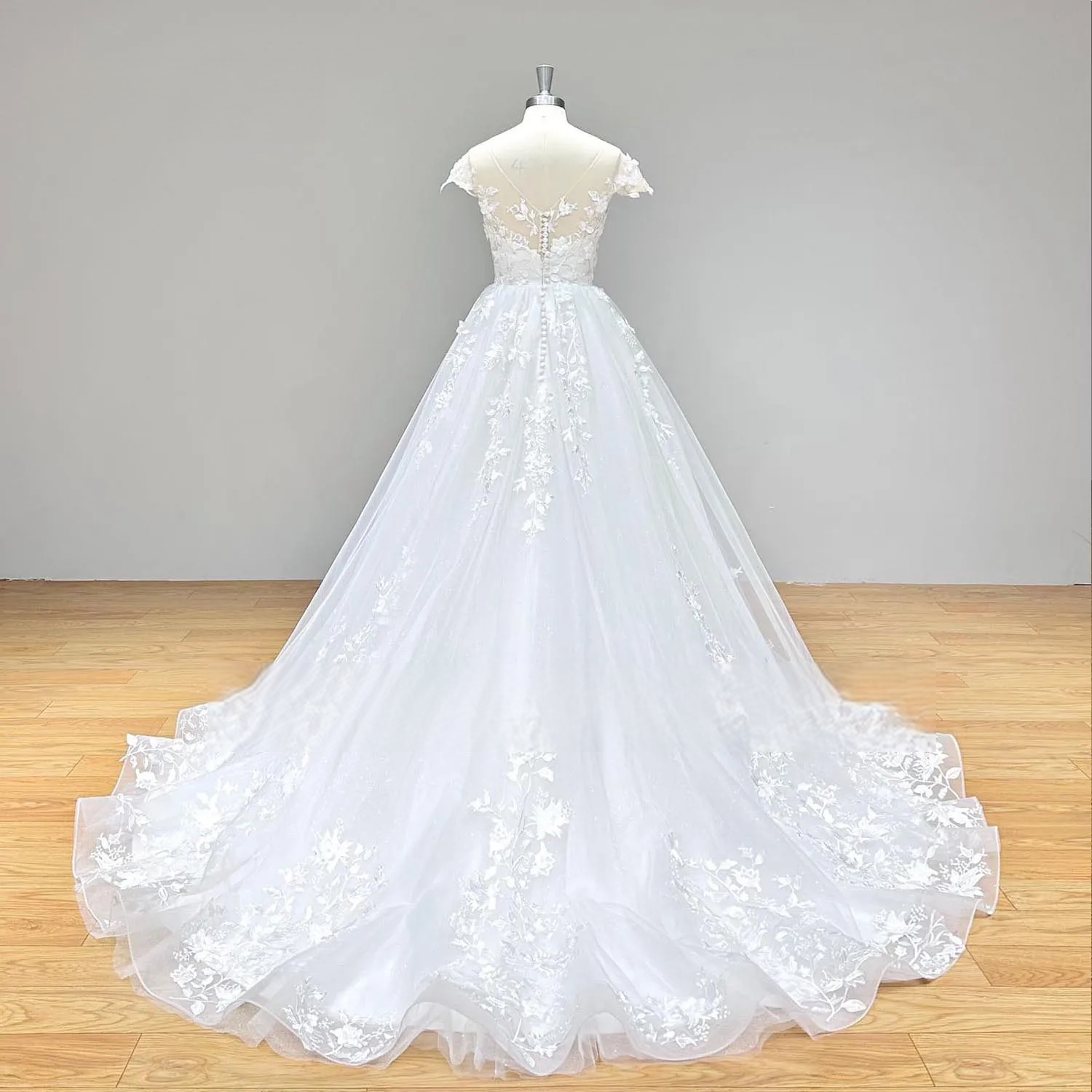 Cap Sleeve A-Line Wedding Dress with Pearls Appliques and Button Back