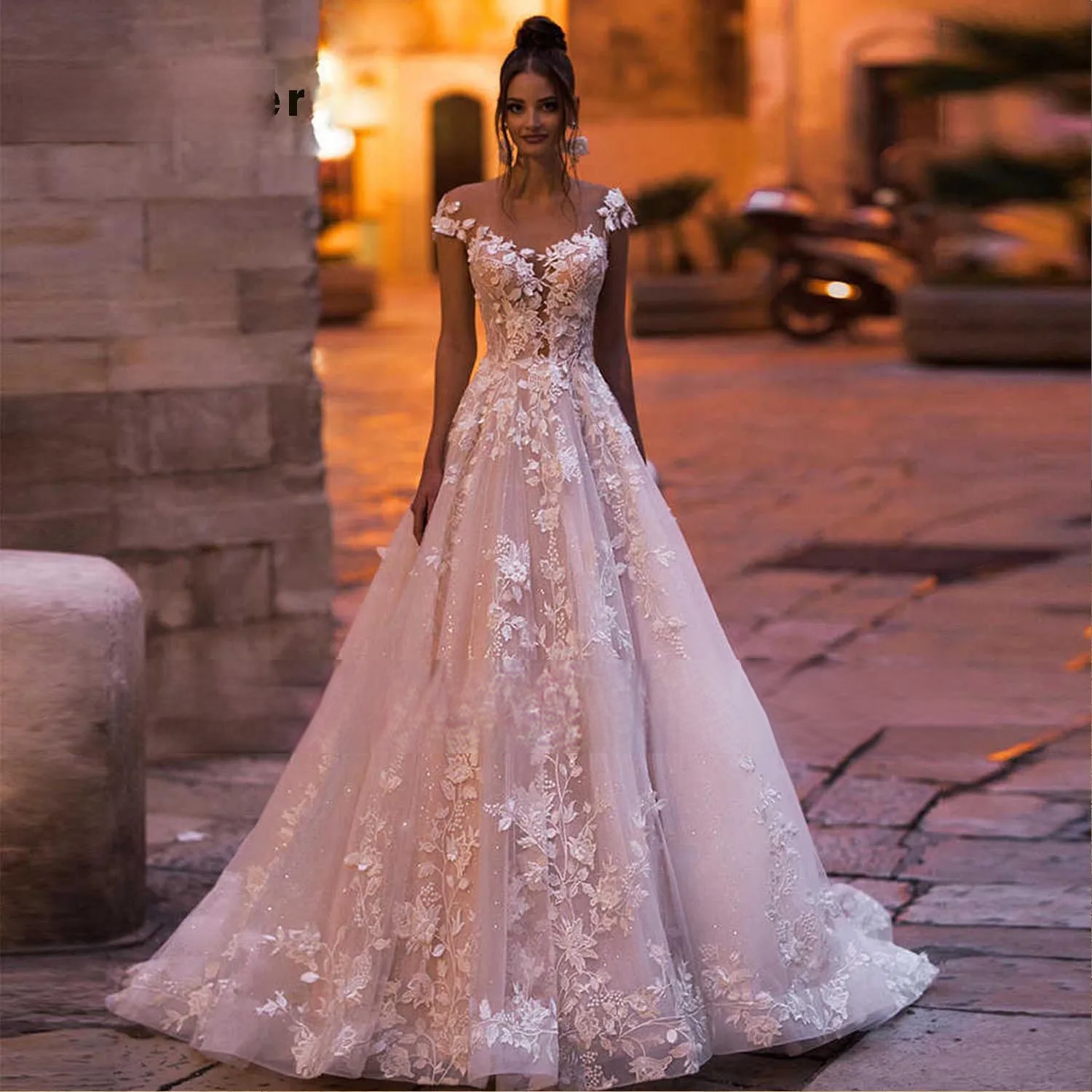 Cap Sleeve A-Line Wedding Dress with Pearls Appliques and Button Back