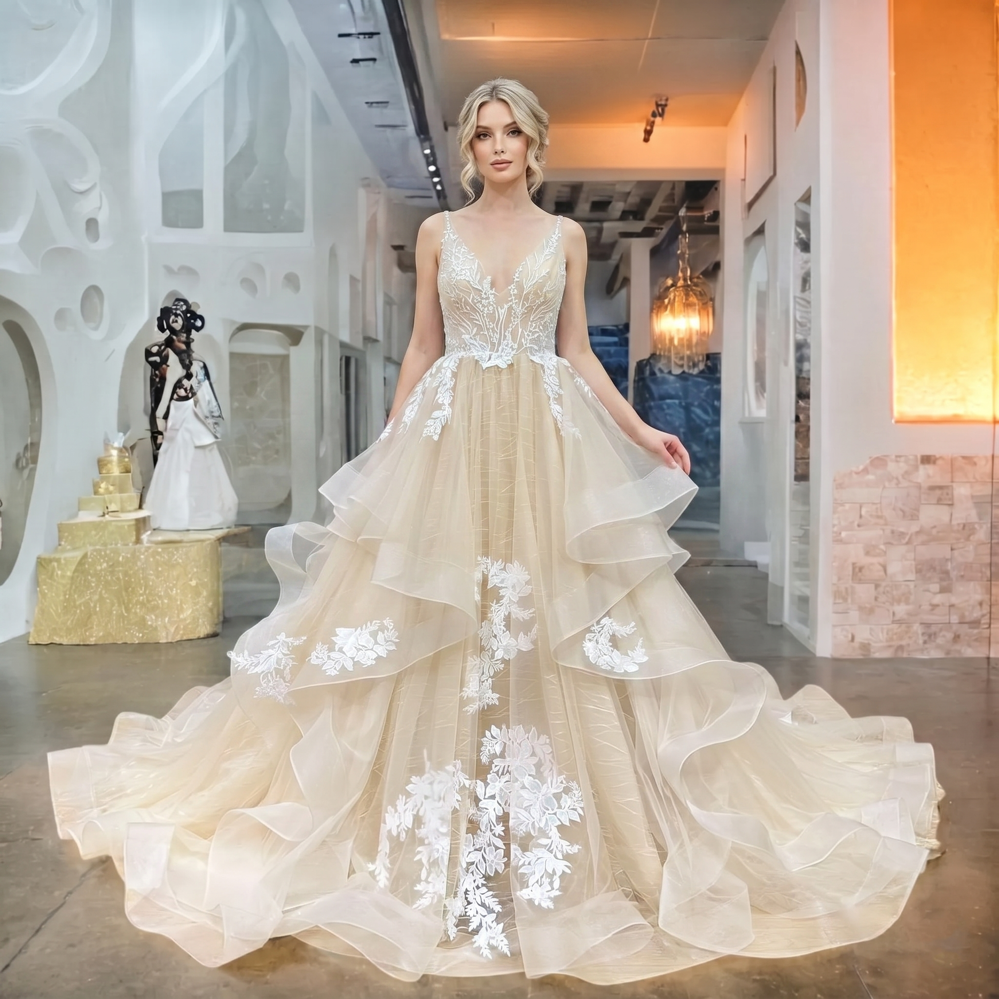 Elegant model posing in a champagne A-line wedding dress with a sweetheart neckline, delicate lace appliqués, and a voluminous tiered ruffled skirt.