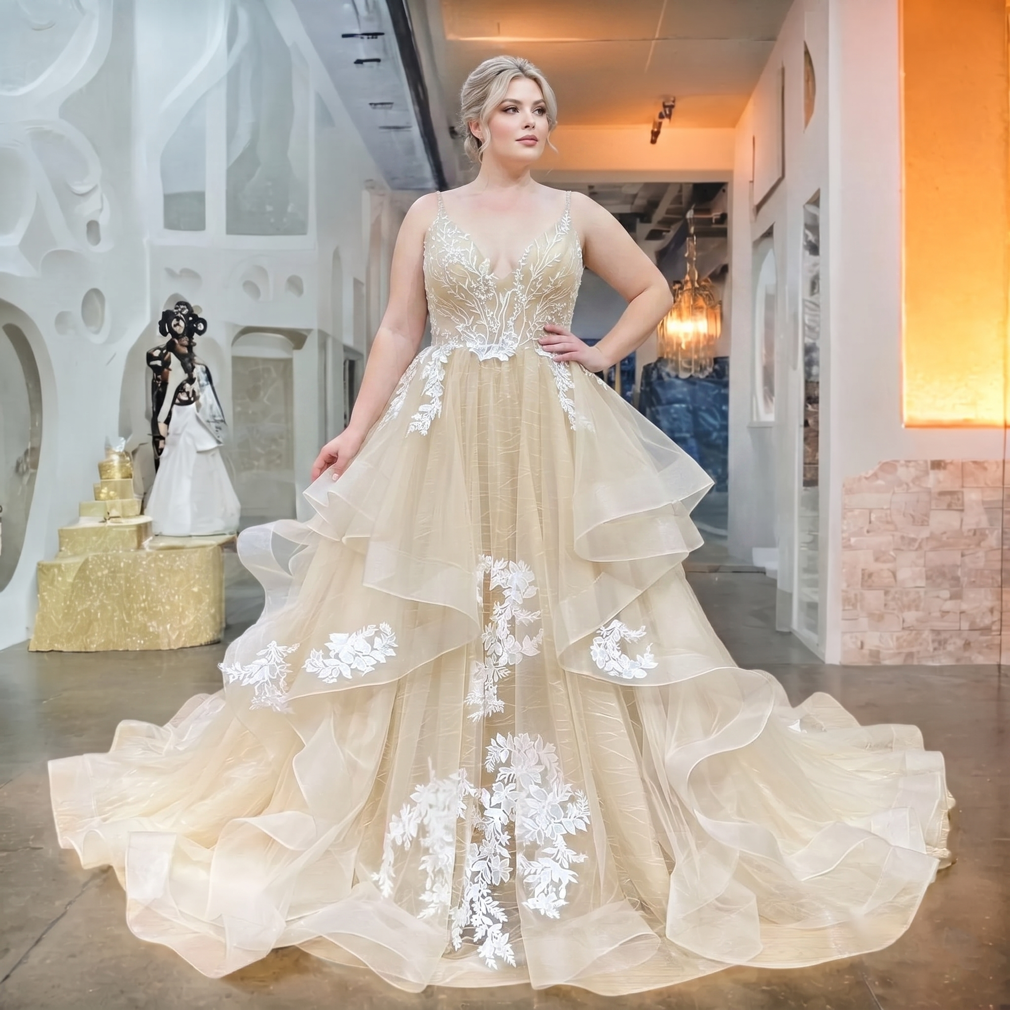 Full-length front view of a plus-size bride showcasing a stunning champagne A-line wedding dress featuring a dramatic tiered ruffled skirt and intricate white lace embroidery.