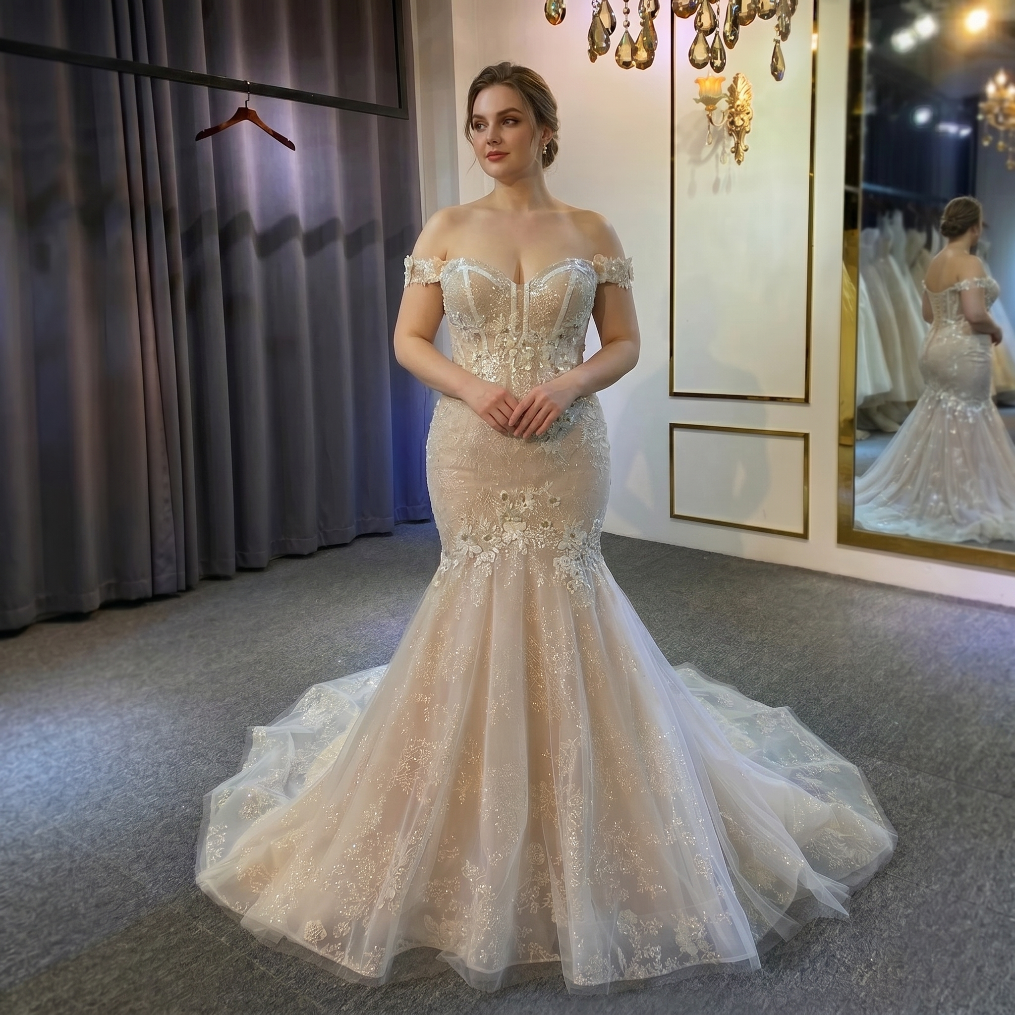 Plus-size bridal fashion featuring a champagne mermaid gown with a sweetheart neckline and intricate 3D floral appliqués.