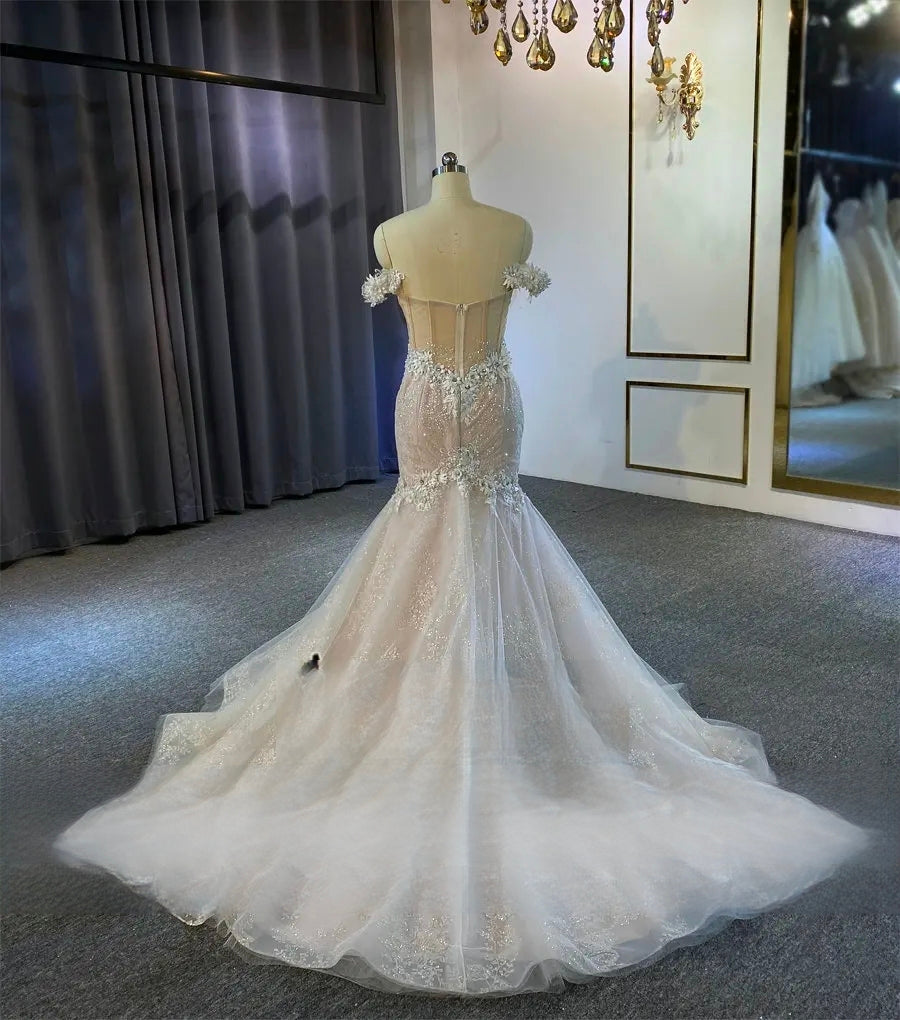 Full rear view of a champagne mermaid wedding dress with a dramatic lace-embellished train and low back design.