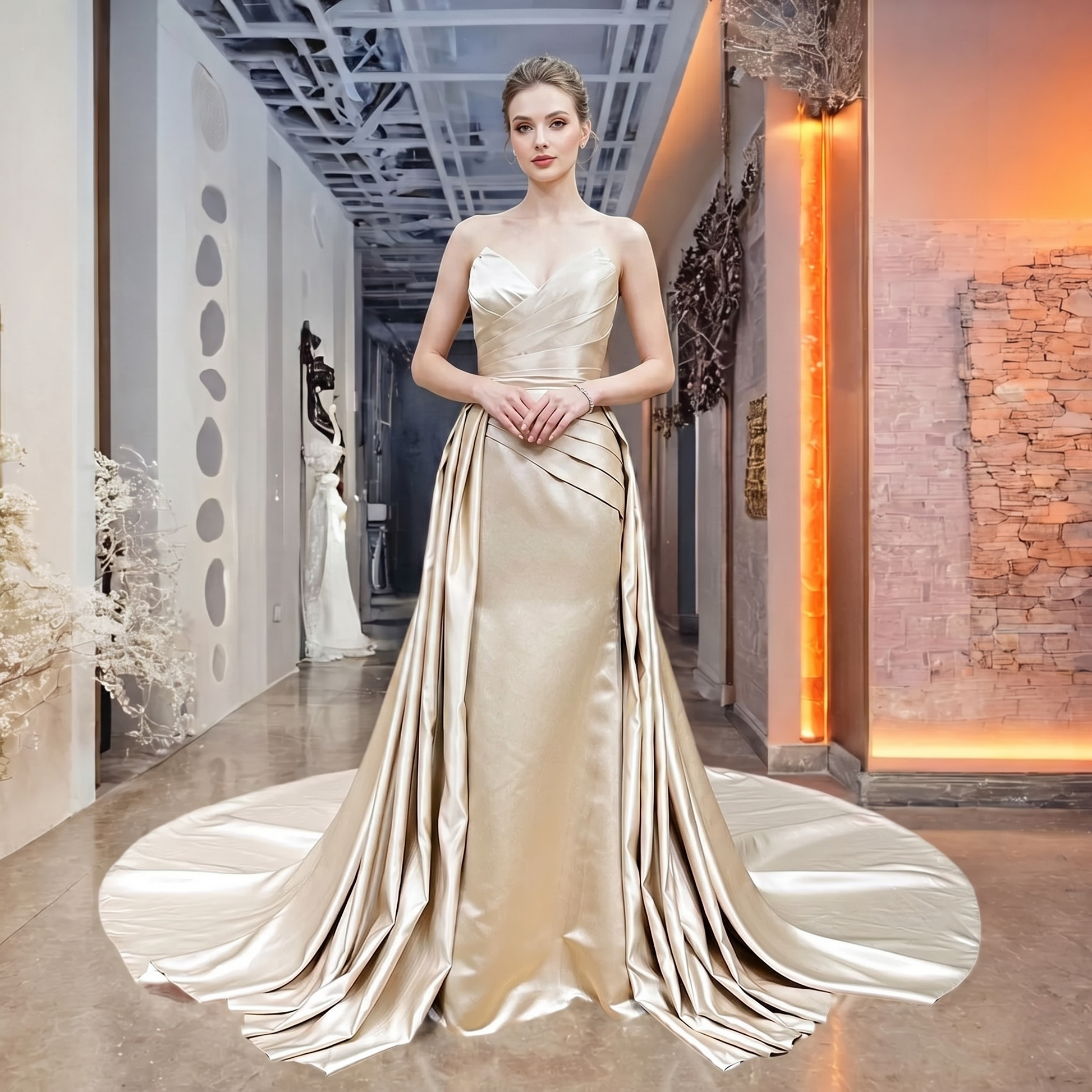 Elegant bride modeling a champagne satin 2-piece mermaid wedding dress with a pleated wrap bodice and a grand detachable train in a luxury bridal boutique.