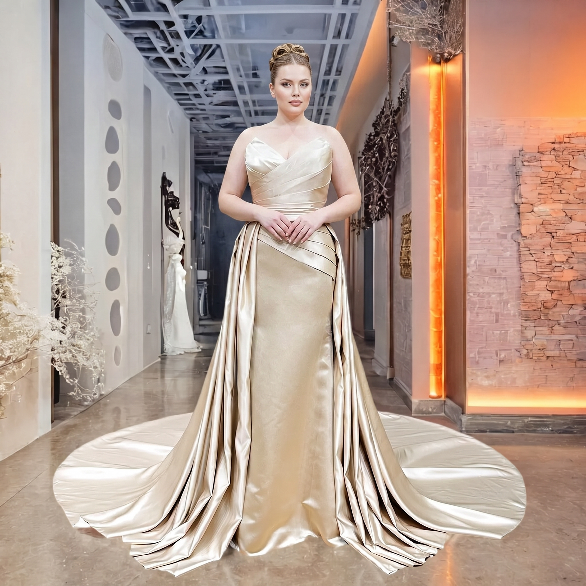 Champagne Satin 2-Piece Mermaid Wedding Dress with Detachable Train