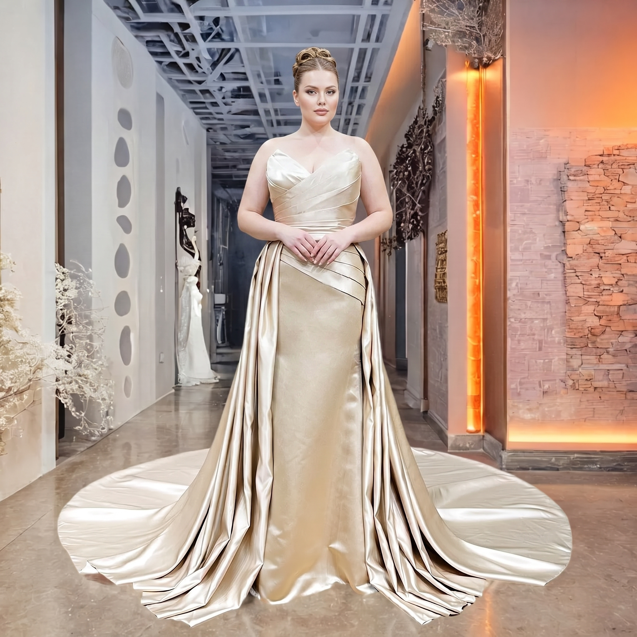Plus-size bridal showcase of a champagne satin mermaid wedding gown featuring a strapless sweetheart neckline and a dramatic, voluminous detachable train.