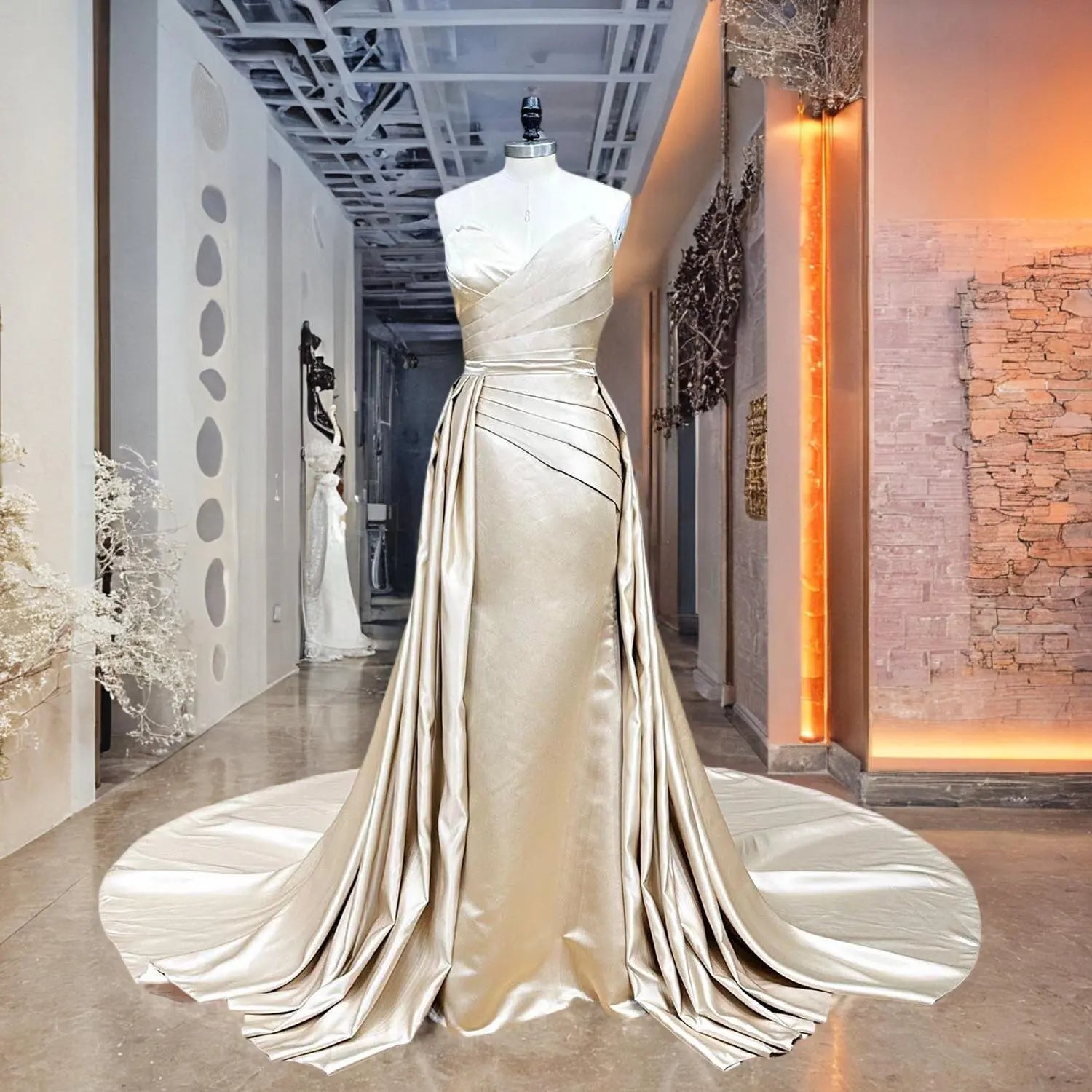 Champagne satin mermaid bridal gown displayed on a mannequin with its expansive detachable overskirt train in a modern showroom setting.