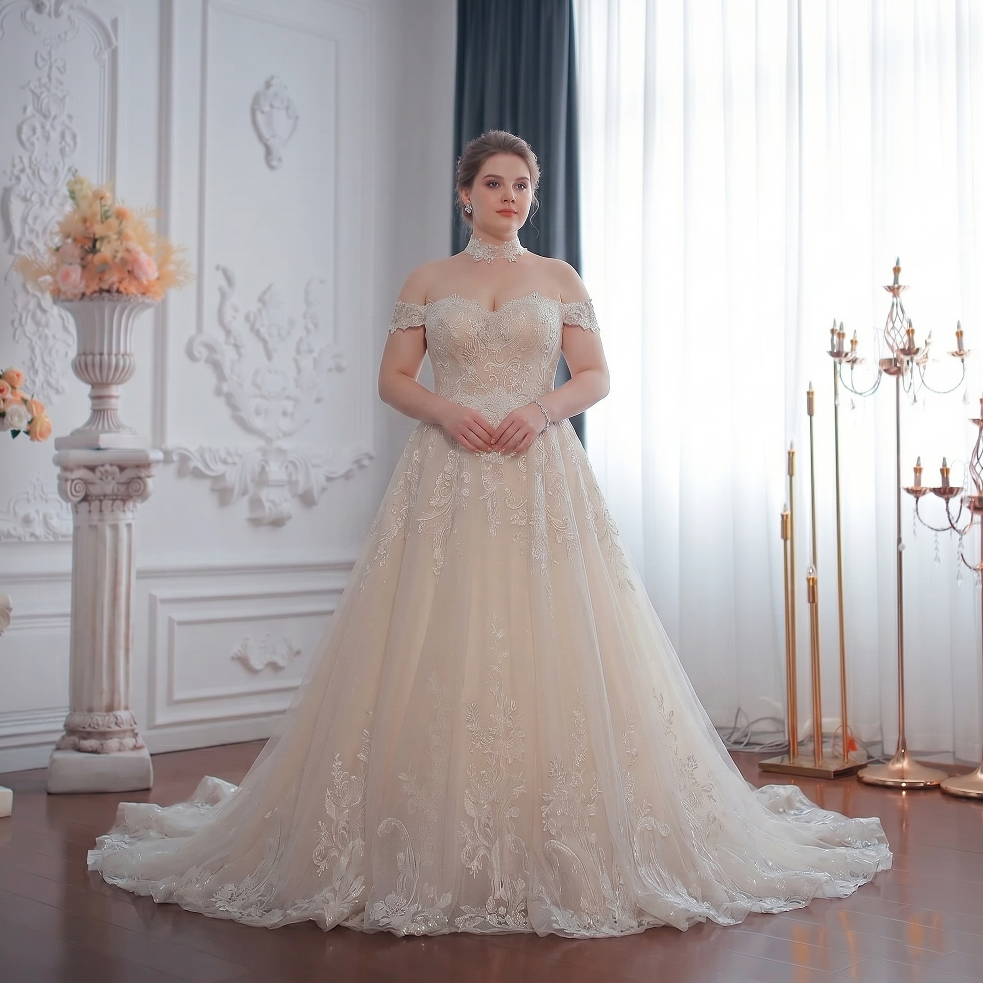 Plus-size model wearing a romantic A-line off-shoulder bridal gown featuring delicate floral lace embroidery and a flowing tulle skirt.