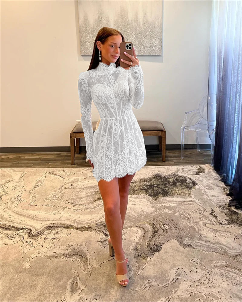 Stylish long-sleeve short wedding dress in delicate lace, featuring a classic high neck and a flattering silhouette for a civil ceremony or reception.