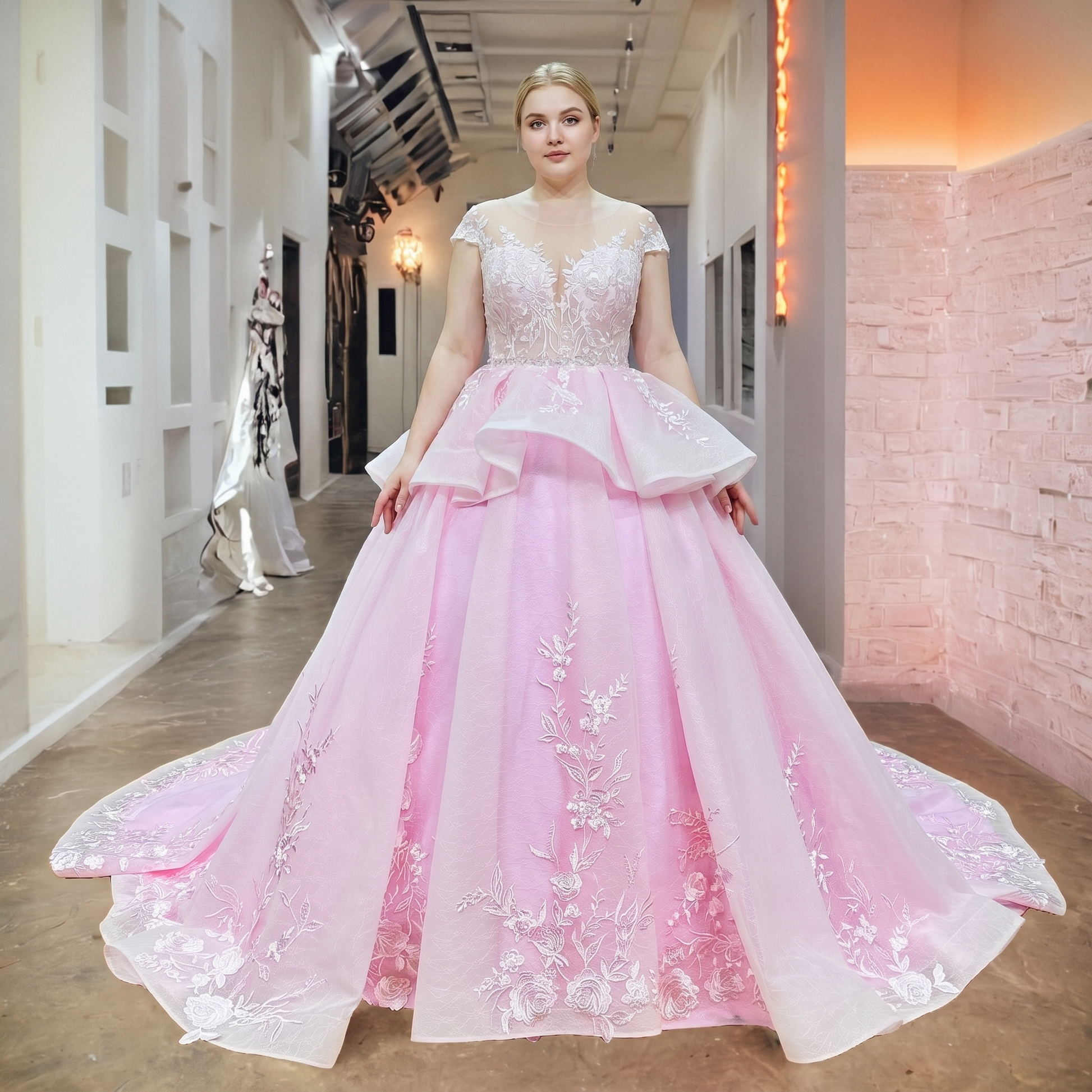 Full-length boutique view of a curve model showcasing a blush pink ball gown wedding dress with white floral lace appliques, an illusion neckline, and cap sleeves.