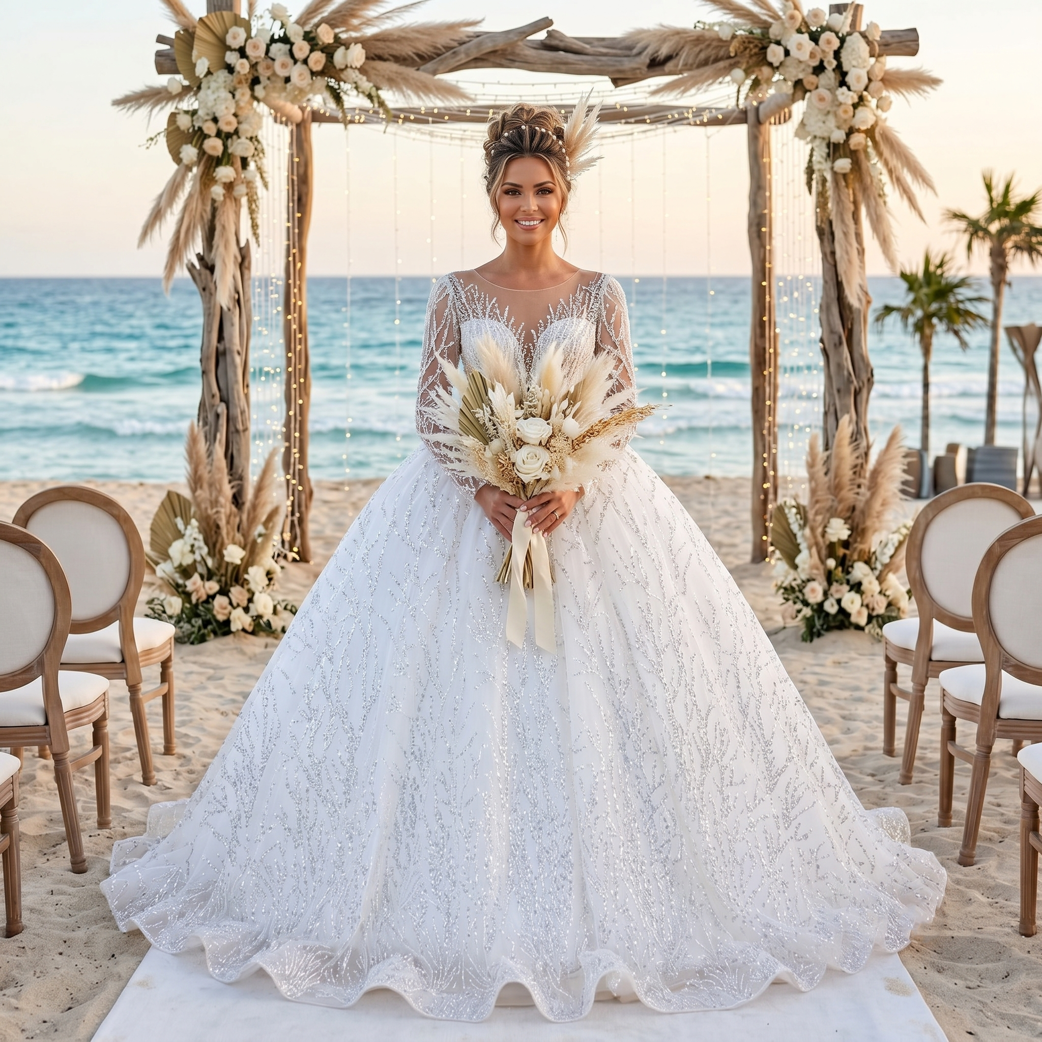 Bride posing in a classic long sleeve backless lace wedding dress with intricate beadwork in an outdoor garden setting.