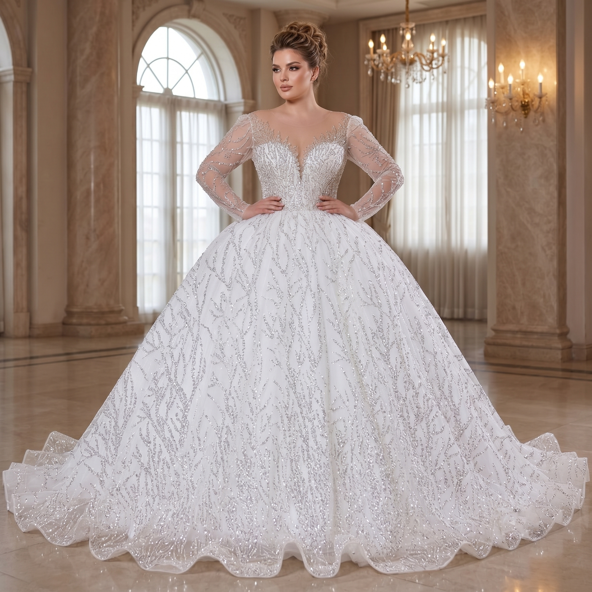 Front view of a luxury long sleeve lace bridal gown featuring a sweetheart neckline and detailed hand-beaded embroidery on a mannequin.