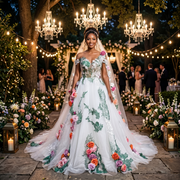 Smiling bride at an elegant outdoor garden reception wearing a colorful tulle ball gown wedding dress, featuring an asymmetrical off-the-shoulder neckline, green vine embroidery, and vibrant 3D flowers.