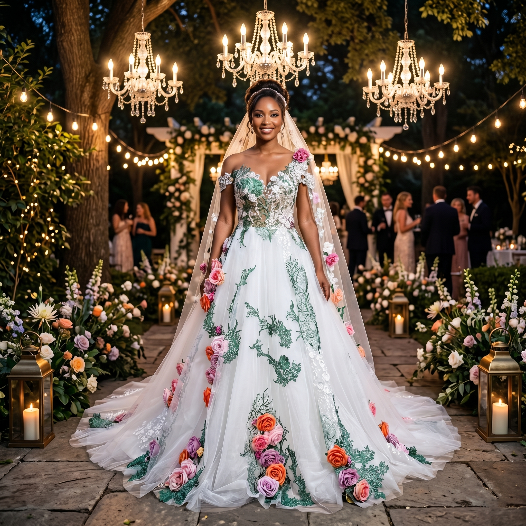 Smiling bride at an elegant outdoor garden reception wearing a colorful tulle ball gown wedding dress, featuring an asymmetrical off-the-shoulder neckline, green vine embroidery, and vibrant 3D flowers.