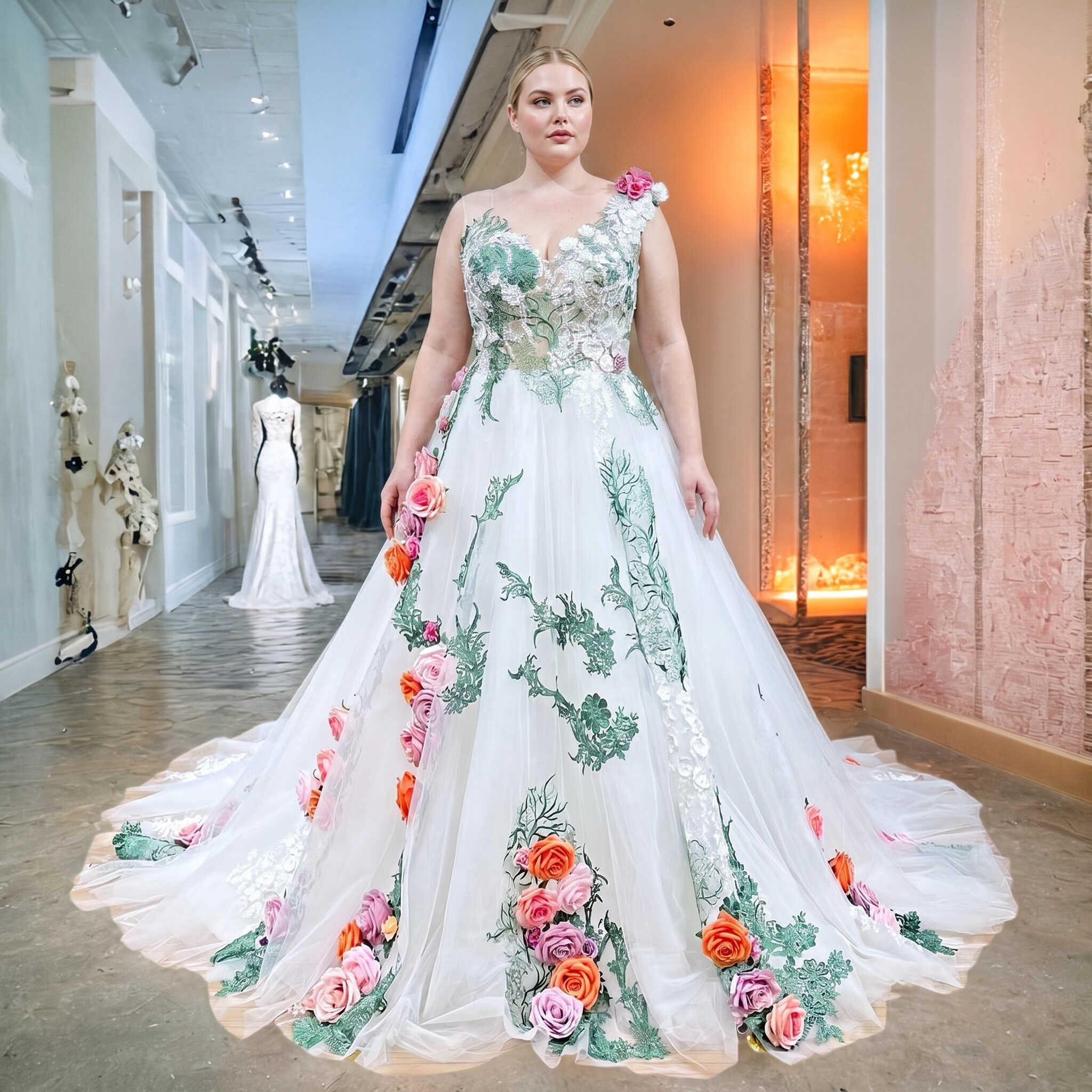 Plus-size bridal model in a modern indoor setting showcasing a unique colorful tulle ball gown wedding dress, detailed with green lace vines and beautiful cascading 3D flowers.