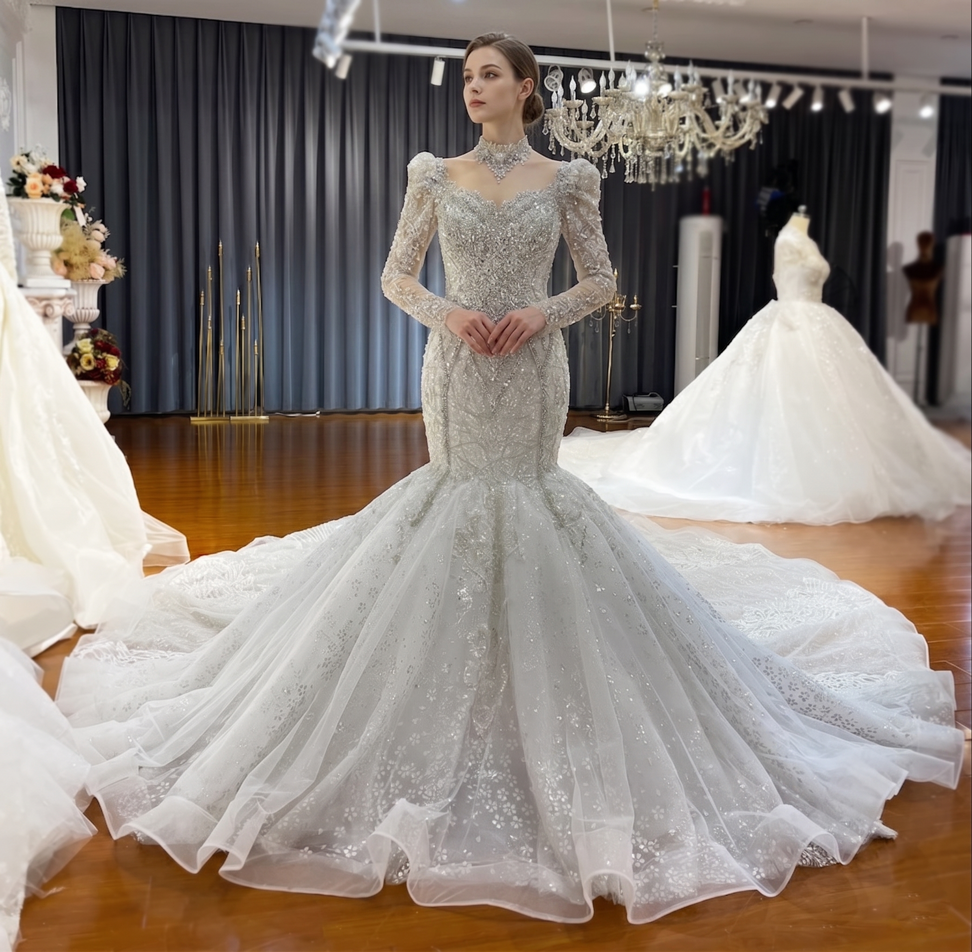 Front view of a model wearing a luxury crystal-embellished mermaid wedding dress with a high collar, long sleeves, and a voluminous shimmering long train.