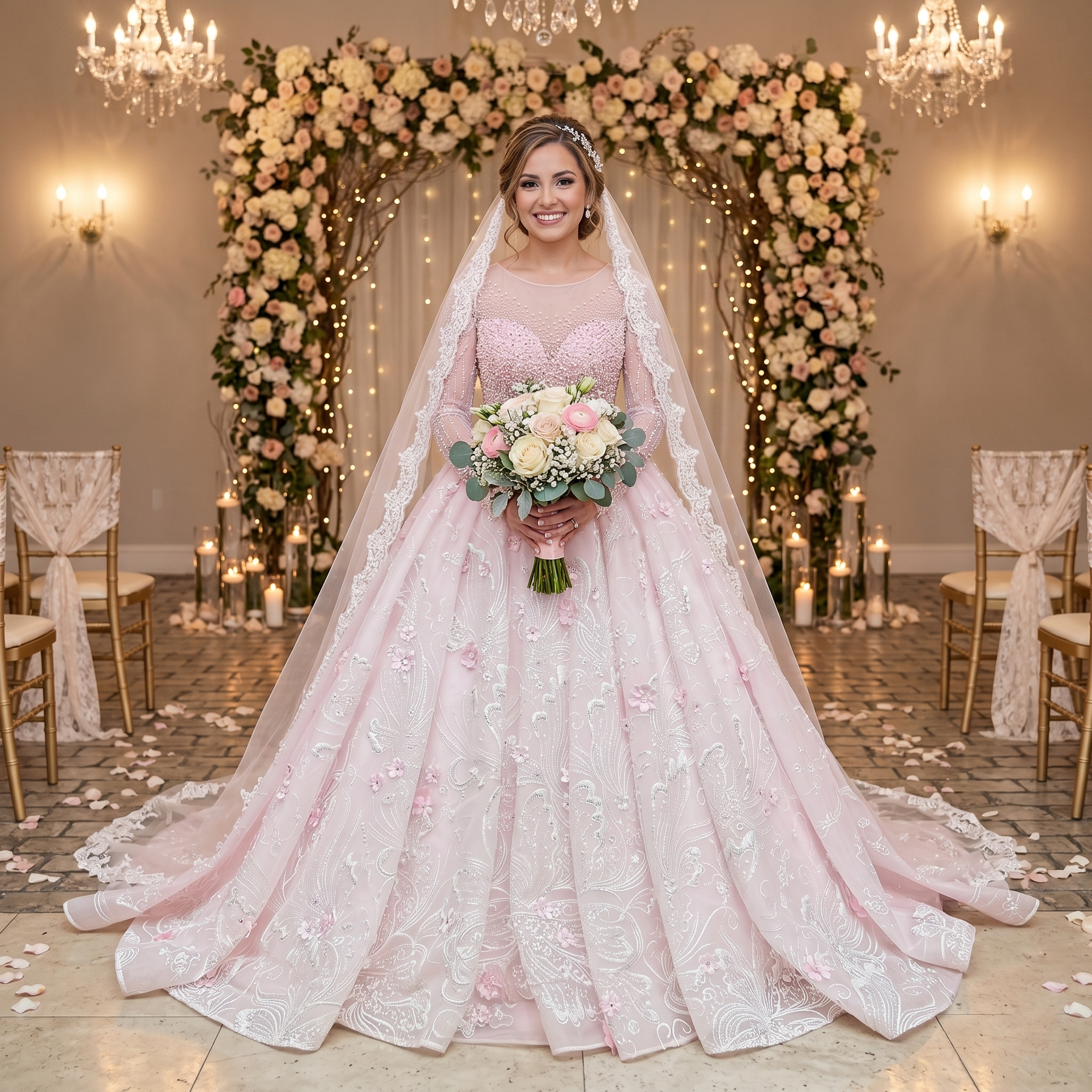 Smiling bride wearing a pastel pink crystal beaded ball gown wedding dress with long sheer sleeves, standing before a floral altar holding a rose bouquet.