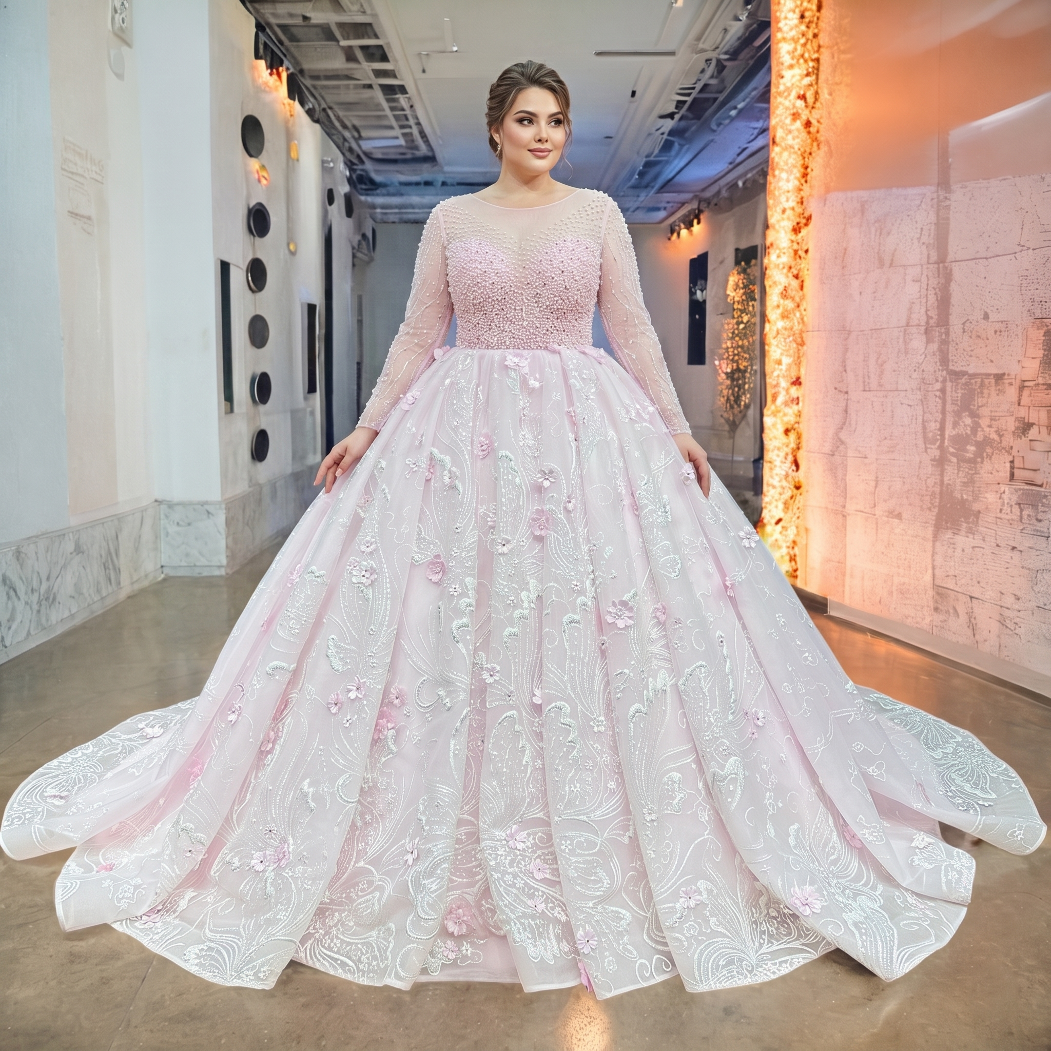 Full-length view of a plus-size model showcasing a pink luxury bridal gown featuring a heavily pearl-studded bodice and a voluminous skirt with handmade 3D flowers.