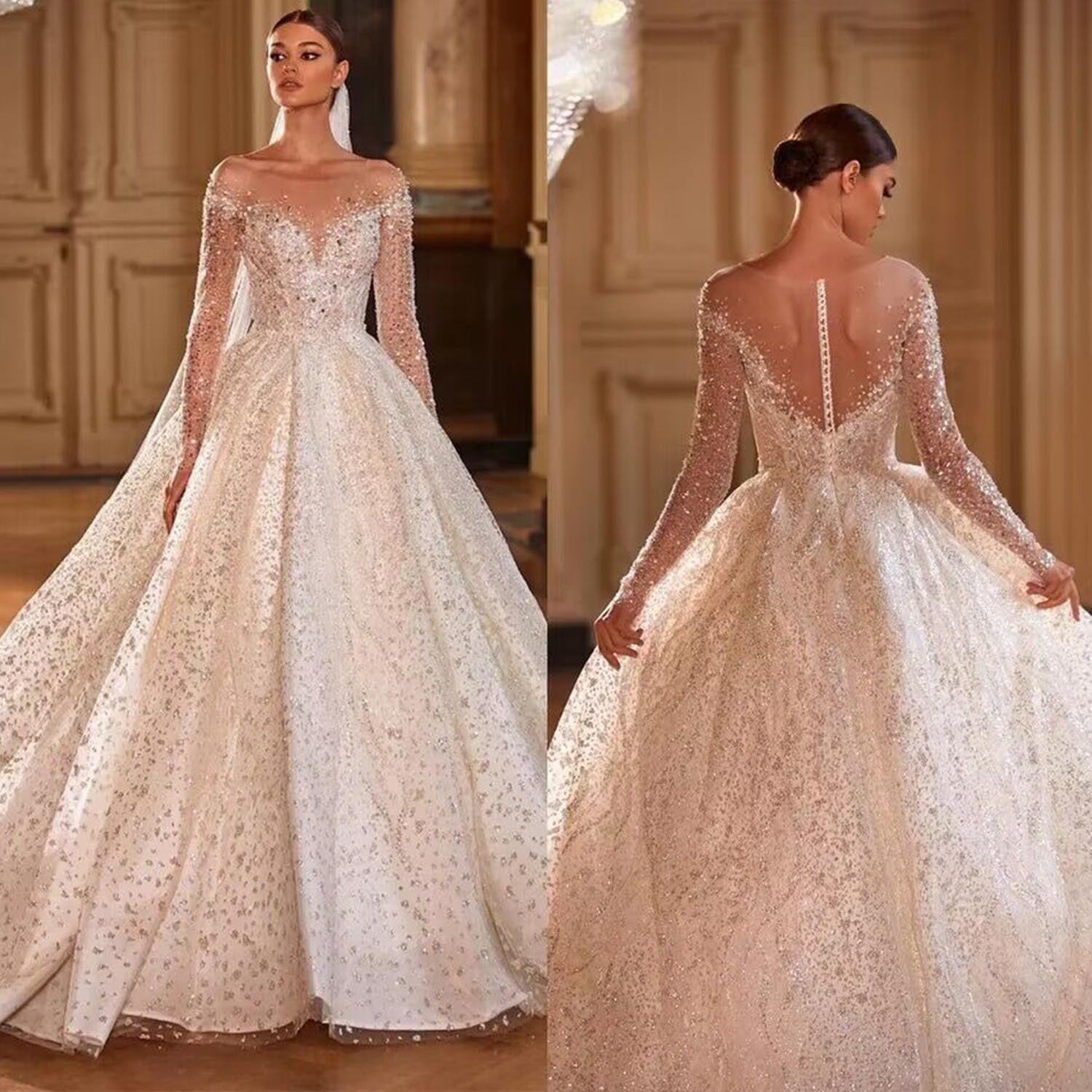Split-screen front and back view of a bridal model wearing a brilliant crystal beaded shining ball gown wedding dress, beautifully displaying both the plunging neckline and classic illusion back.