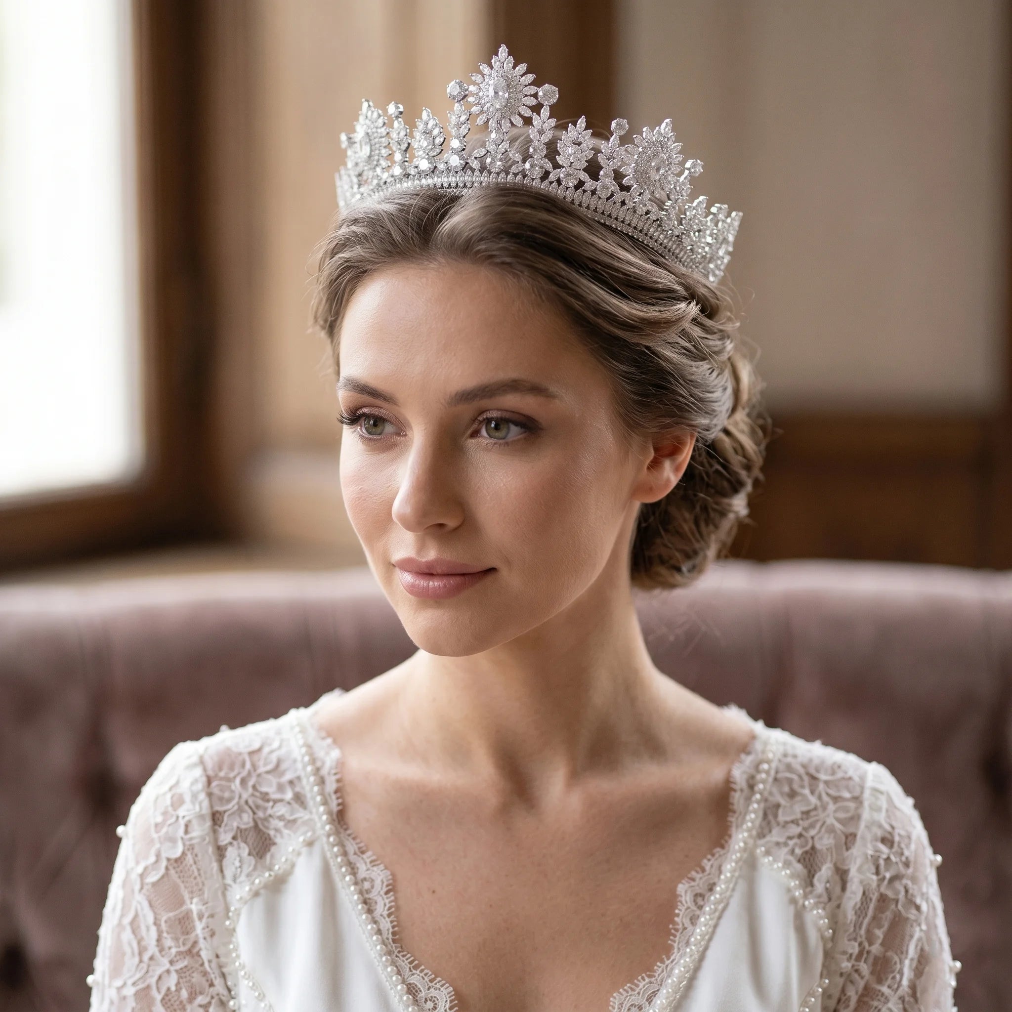 Model wearing a luxury crystal bridal tiara with cubic zirconia in an elegant wedding updo hairstyle.