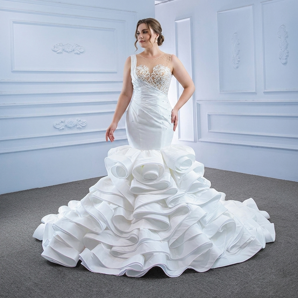 Elegant front view of a bridal gown on a model featuring a mermaid silhouette, pearl-encrusted lace bodice, and a massive tiered ruffled skirt.