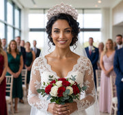 A smiling bride wearing a crystal and pearl queen crown bridal tiara, holding a red and white rose bouquet.