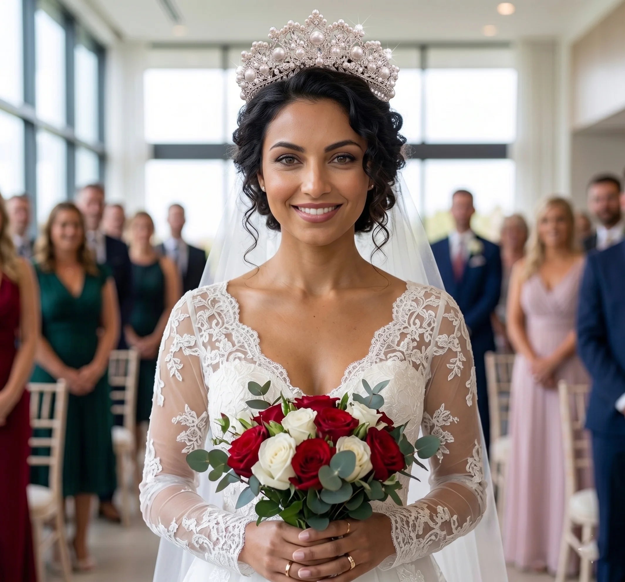 A smiling bride wearing a crystal and pearl queen crown bridal tiara, holding a red and white rose bouquet.