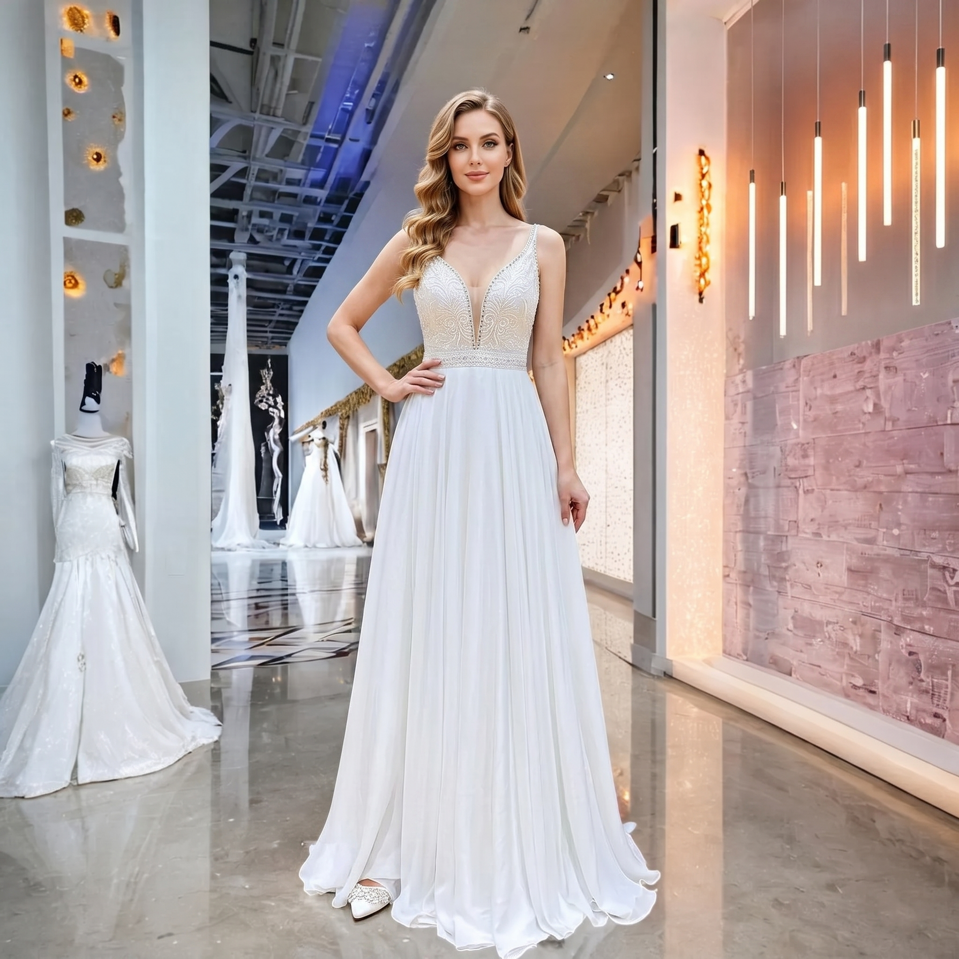 Elegant model posing in a modern crystal strap deep V-neck wedding dress with a flowy chiffon skirt and side slit in a luxury bridal showroom.