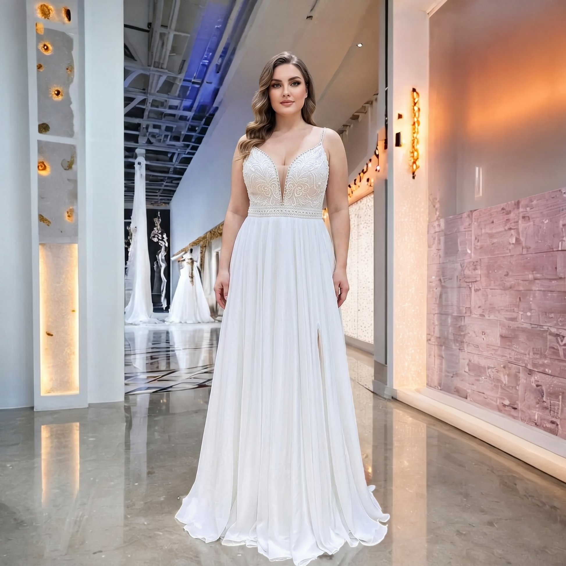 Full-length front view of a plus-size bride wearing a stunning deep V-neck chiffon wedding dress featuring crystal beaded straps and a high skirt slit.