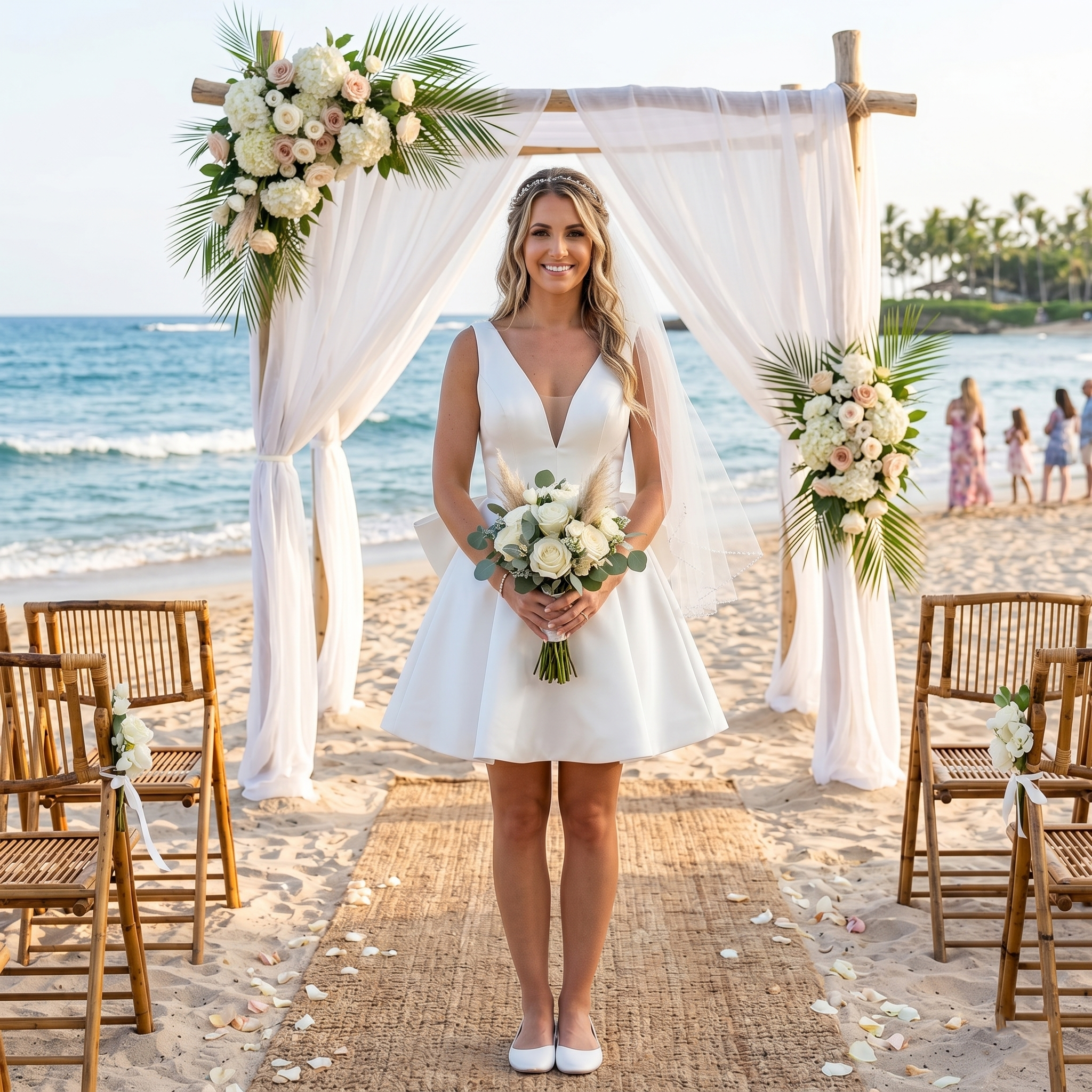 Elegant sleeveless satin short wedding dress featured in a beach elopement under a floral archway, showcasing a plunging V-neckline with illusion mesh and a flared A-line mini skirt.