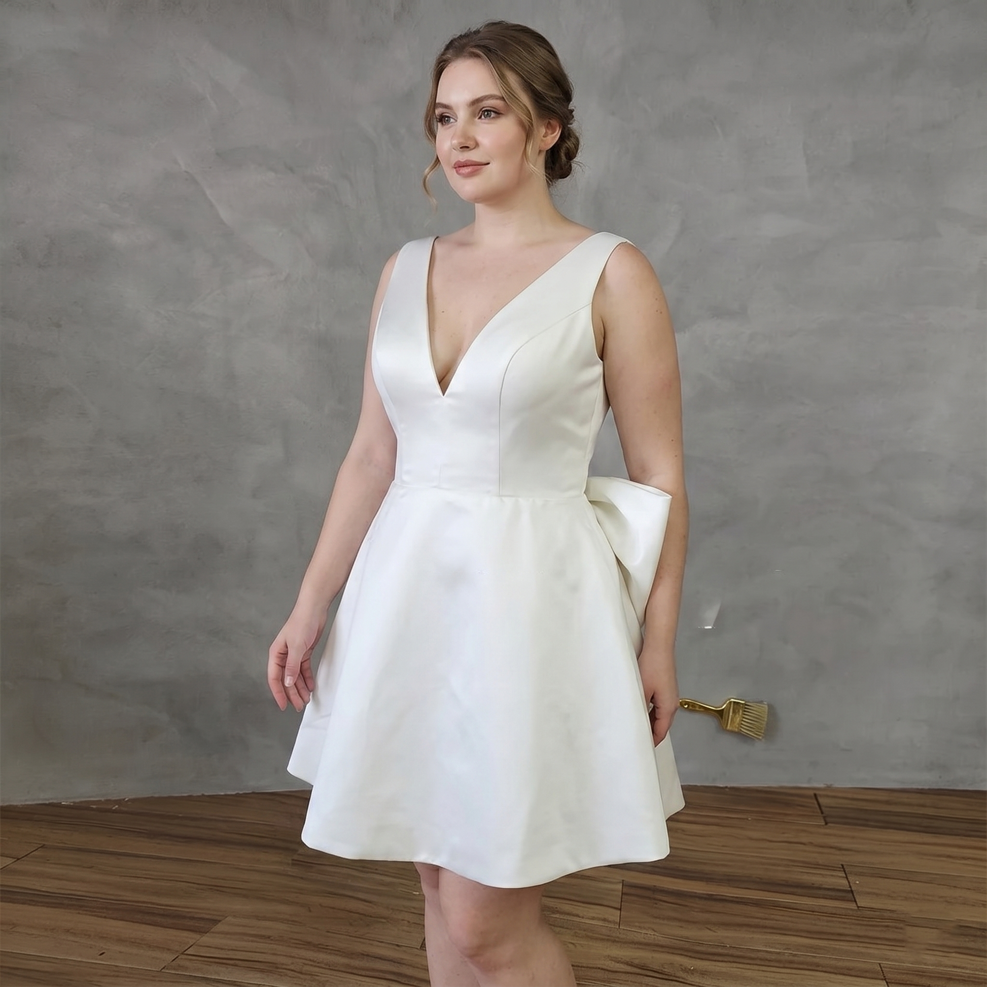 Real bride modeling a sleeveless short white satin bridal gown with a deep V-neckline, structured princess seams, and a large architectural statement bow visible at the back.