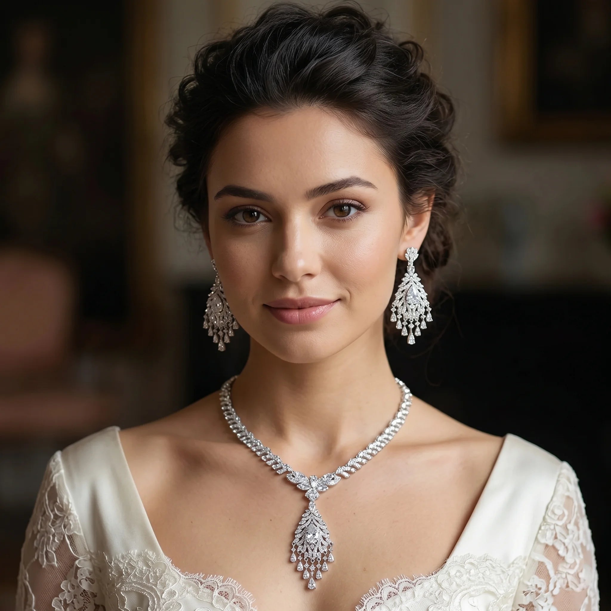 Portrait of a smiling bride wearing a luxury dangle tassel crystal necklace and statement earring set