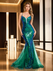 Deep V Neck Green Sequin Mermaid Prom Dress with Spaghetti Straps