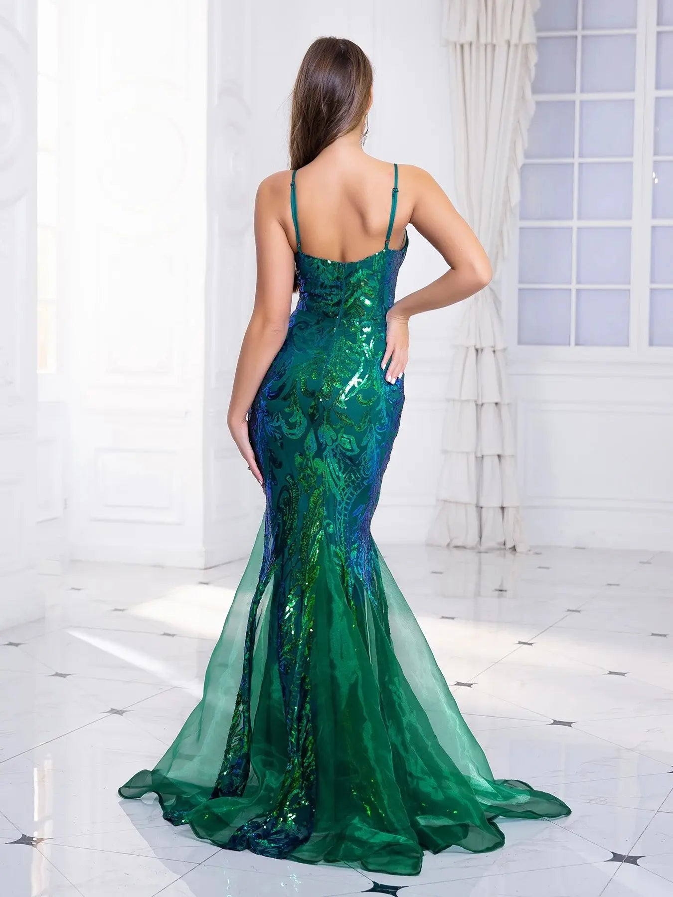 Deep V Neck Green Sequin Mermaid Prom Dress with Spaghetti Straps