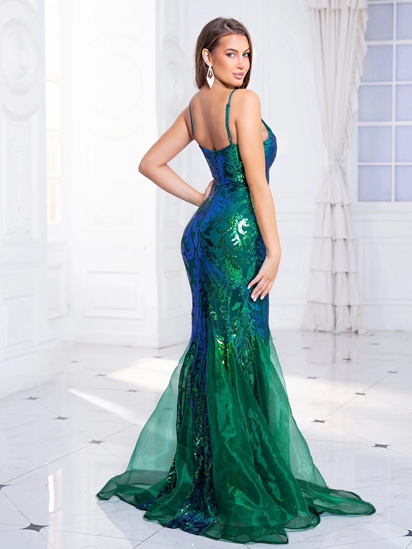 Deep V Neck Green Sequin Mermaid Prom Dress with Spaghetti Straps