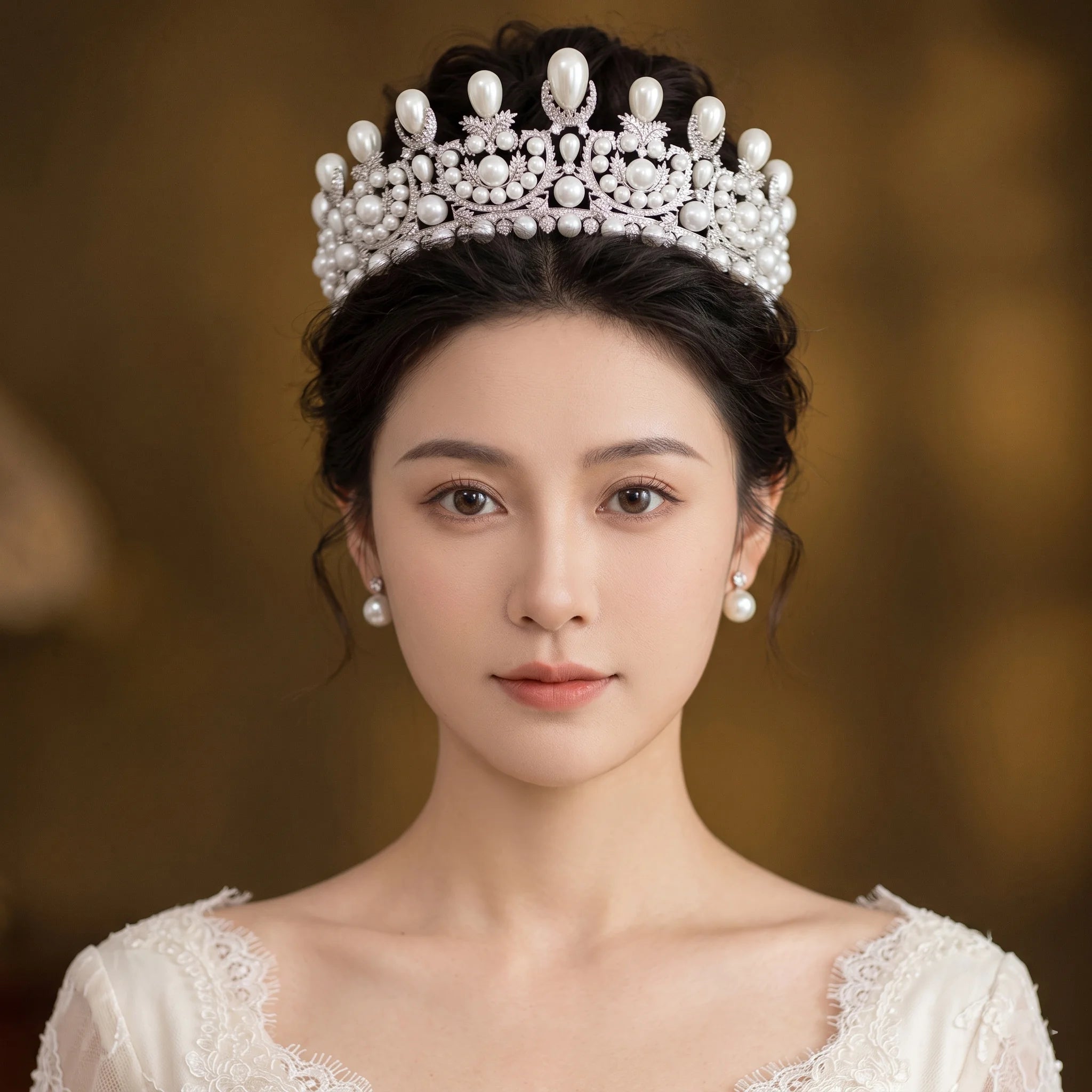 Symmetrical front portrait of a bride wearing a designer gorgeous wedding tiara styled with large teardrop peaks, micro pearls, and sparkling zircon crystals.