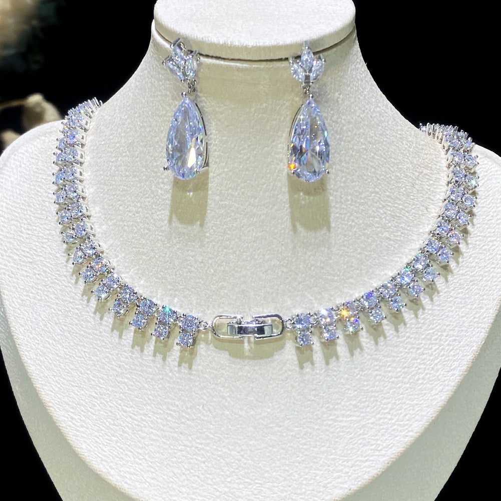 Rear angle view showcasing the clean stone setting line and secure locking metal clasp of the silver cubic zirconia bridal collar chain.