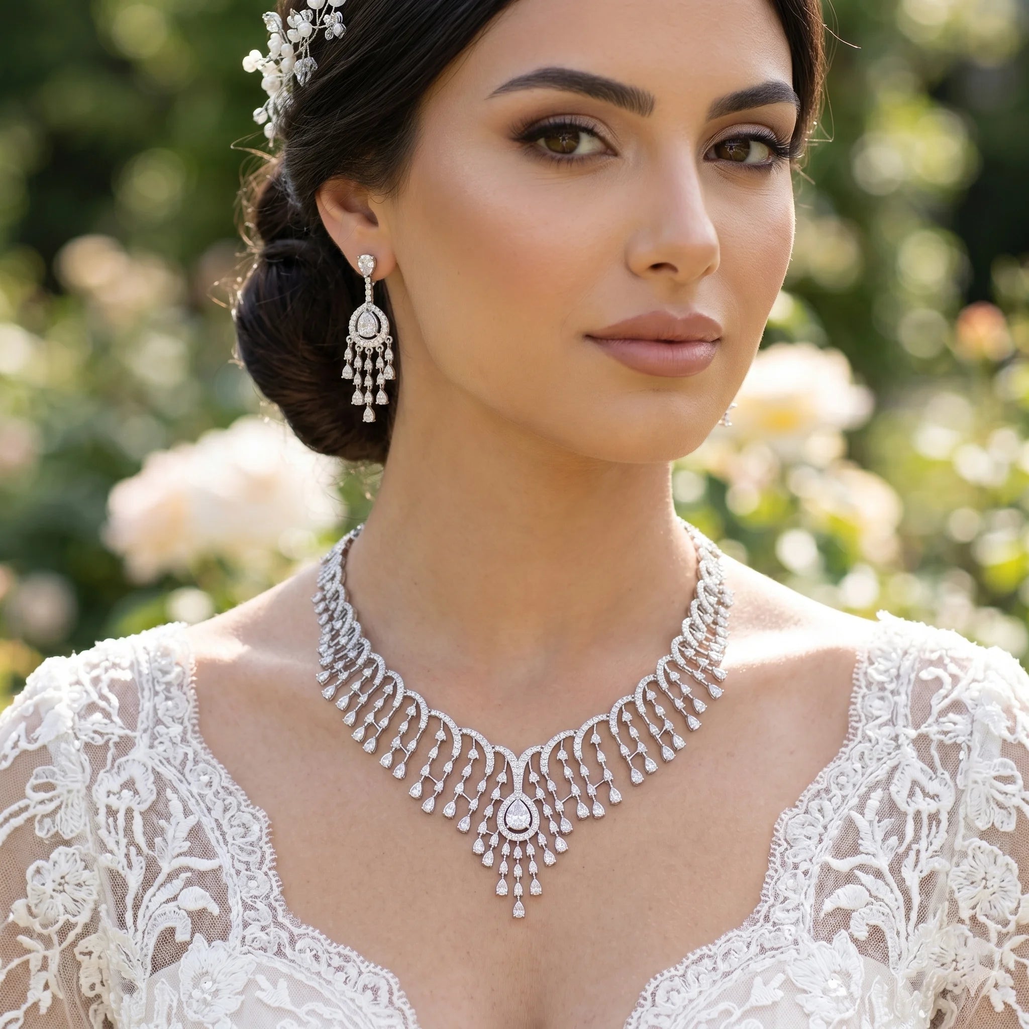 Model wearing a luxury Dubai bridal white CZ tassel necklace set with matching long teardrop fringe earrings.