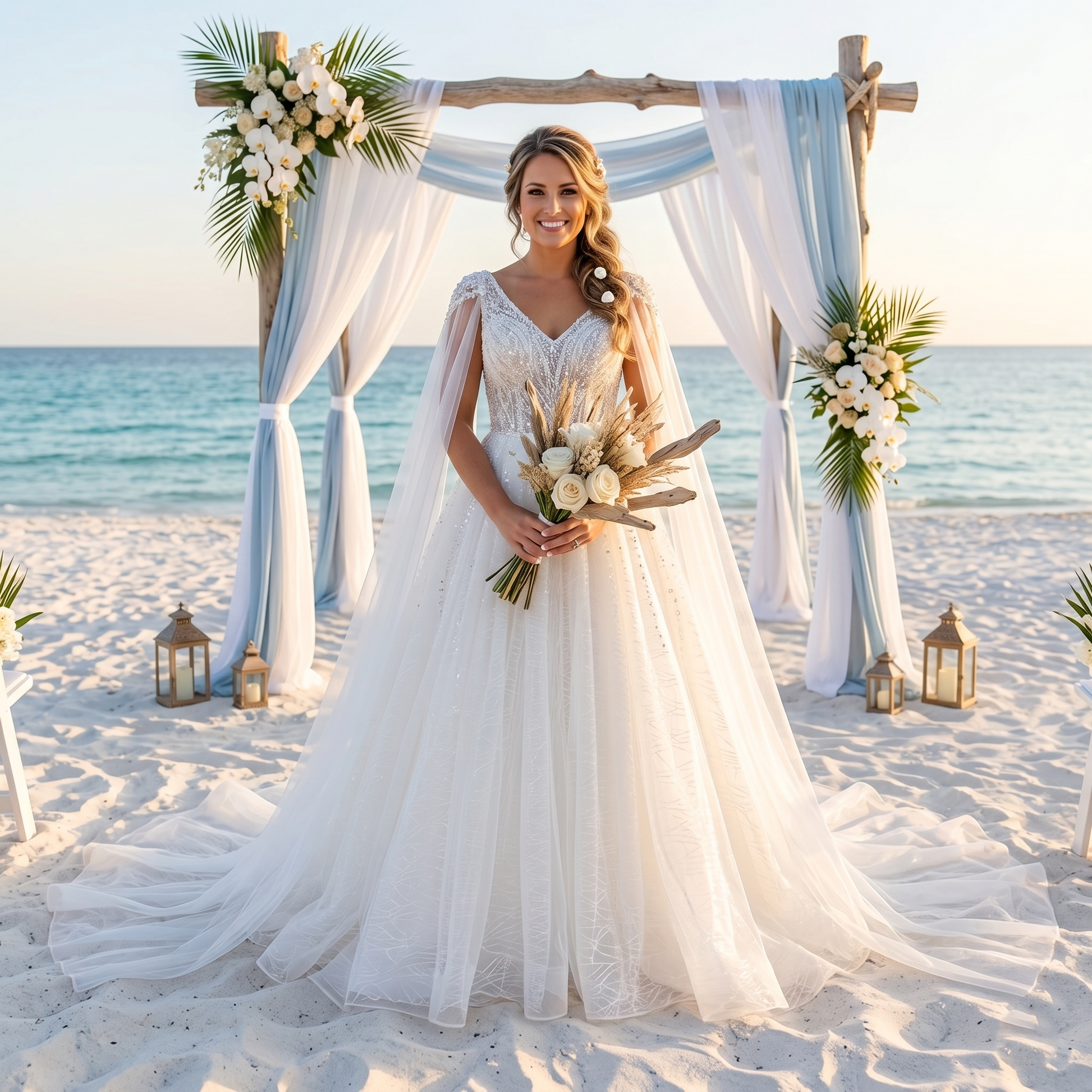 Smiling bride in a modern V-neck wedding dress with pearls and long flowing cape sleeves at a beach wedding ceremony.