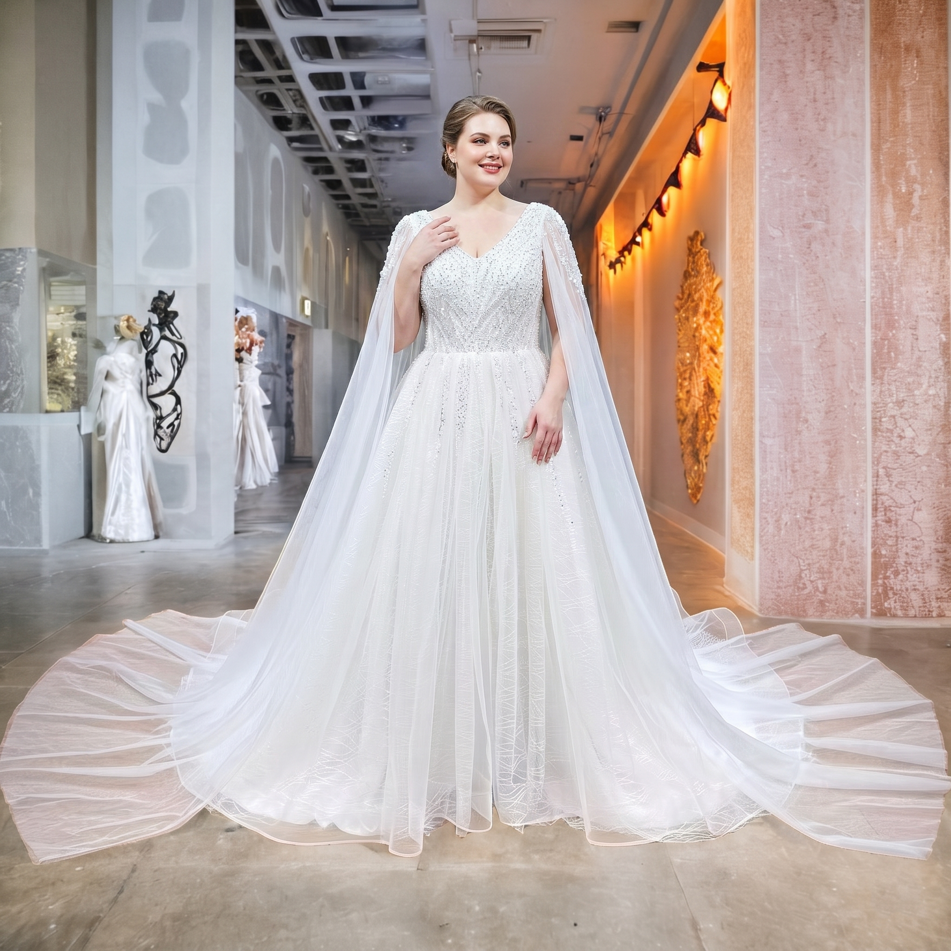 Plus-size model wearing an elegant pearl-embellished bridal gown with sheer floor-length shoulder capes in a boutique.