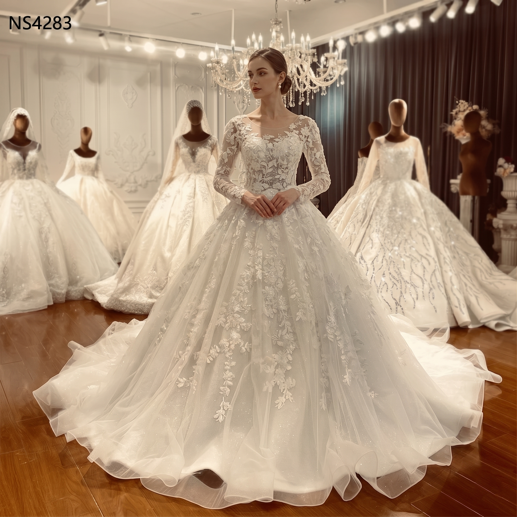 Front view of a bride wearing an elegant long-sleeved lace ball gown wedding dress with a voluminous tulle skirt in a bridal showroom.