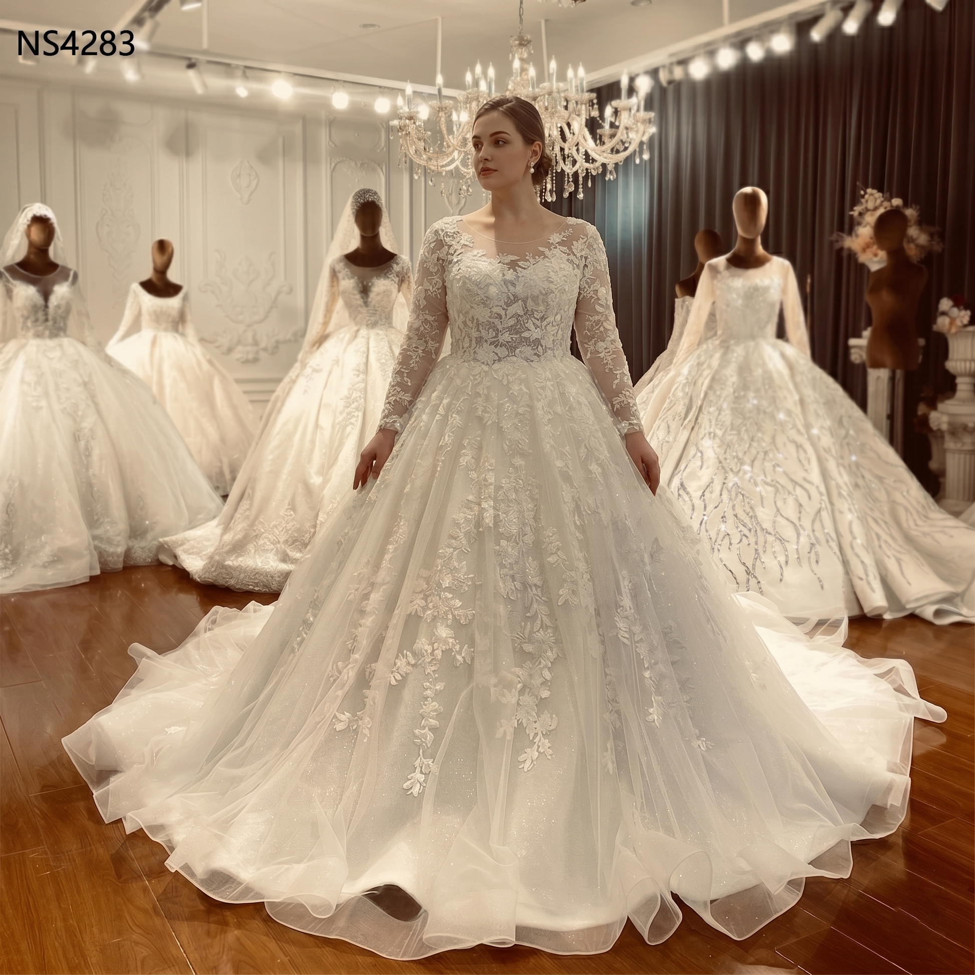 Full-length front view of a romantic beach style wedding dress featuring long sheer lace sleeves and a lightweight, flowy ball gown skirt.