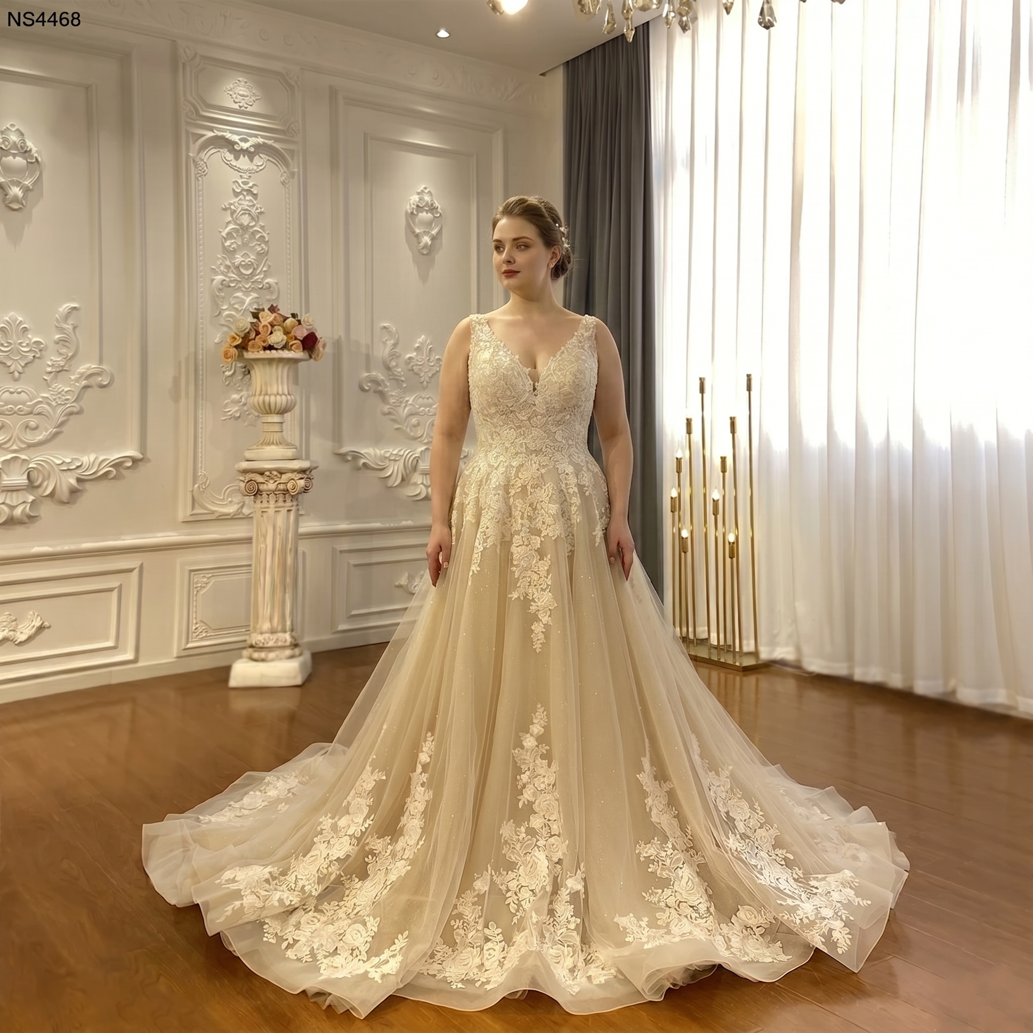 Elegant Champagne V-Neck Lace Applique Beach Wedding Dress for Brides – Elsi John