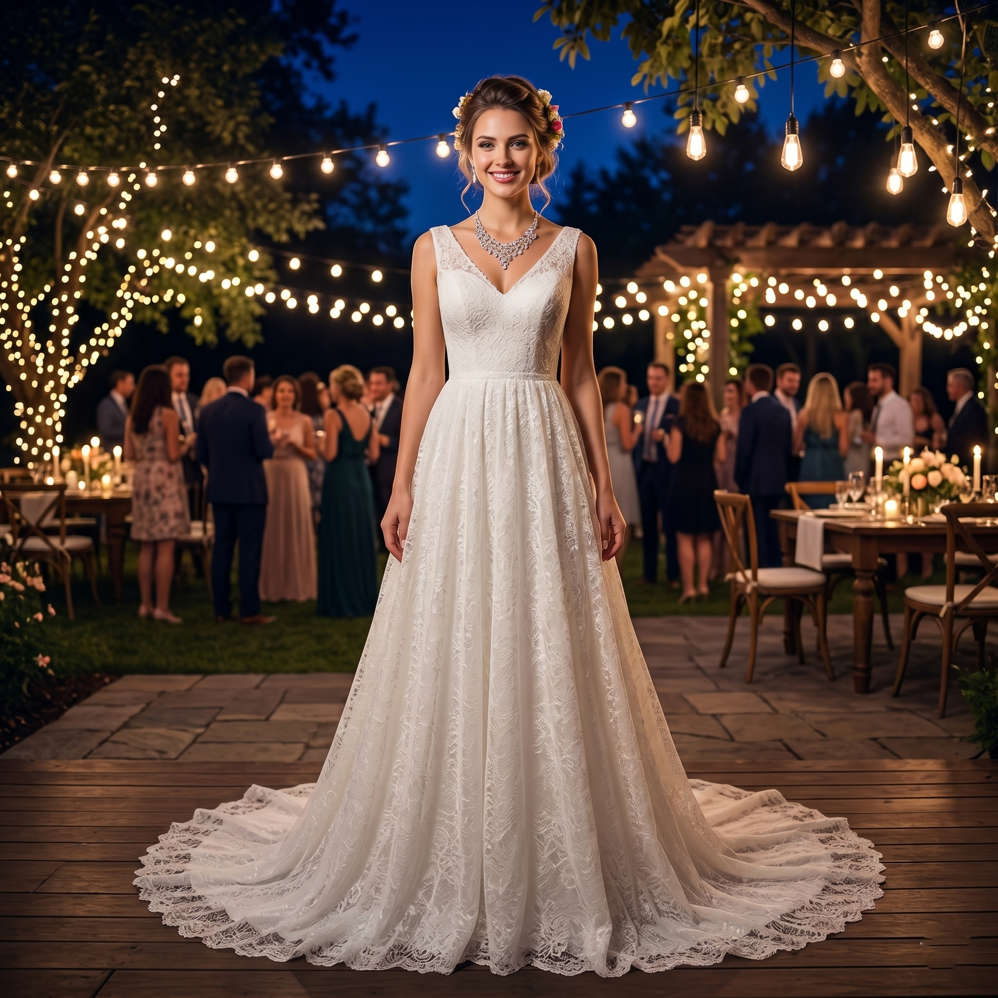 A bride smiling while wearing an elegant A-line lace wedding dress with an illusion neckline at an outdoor evening reception with string lights.