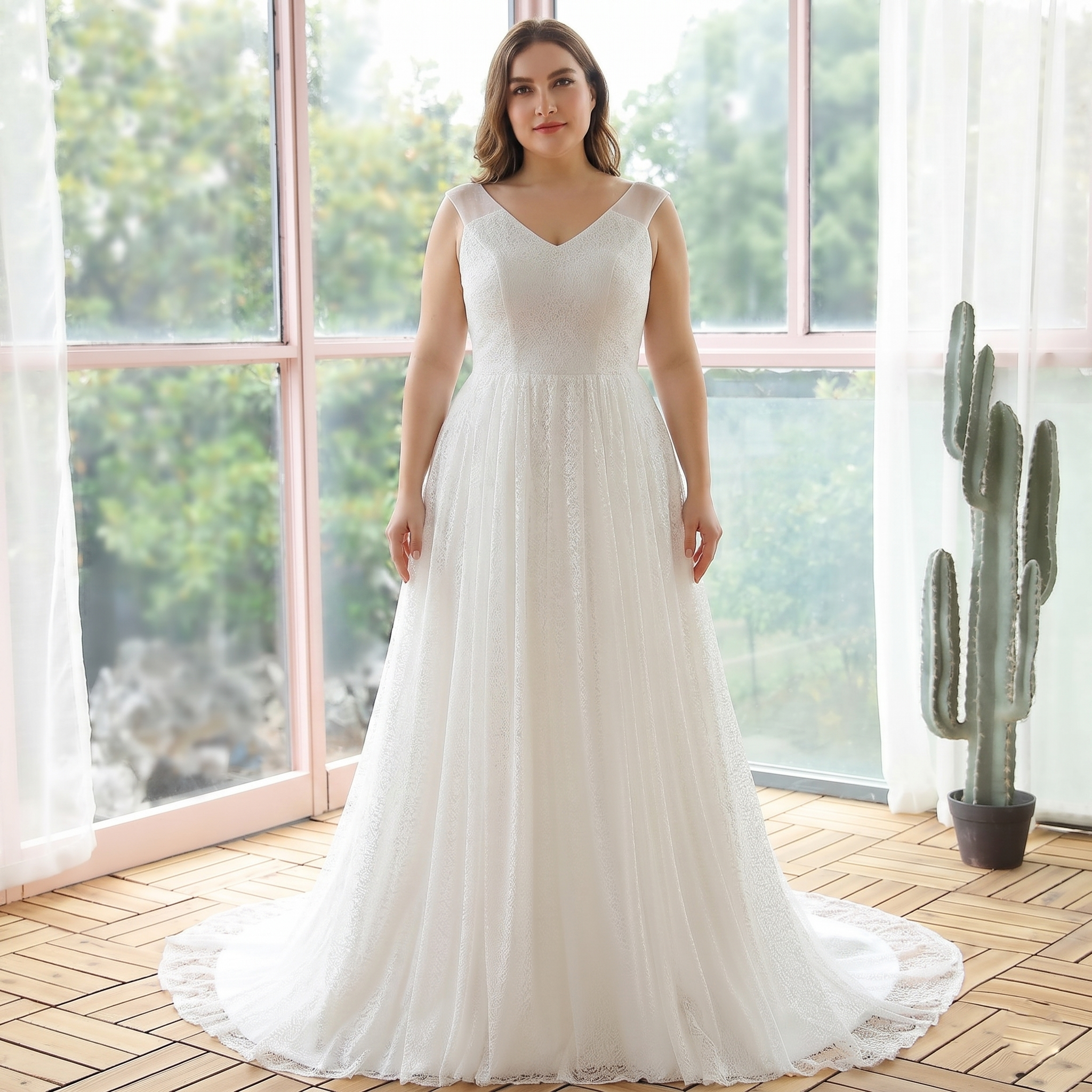 Full-length view of a woman wearing a modest A-line lace wedding dress with a V-neck and a flowing train, standing in a bright room.