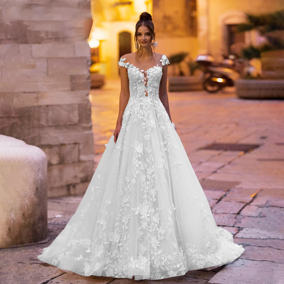 Elegant A-Line Wedding Dress Backless Beaded Lace Appliques Princess W – Elsi John
