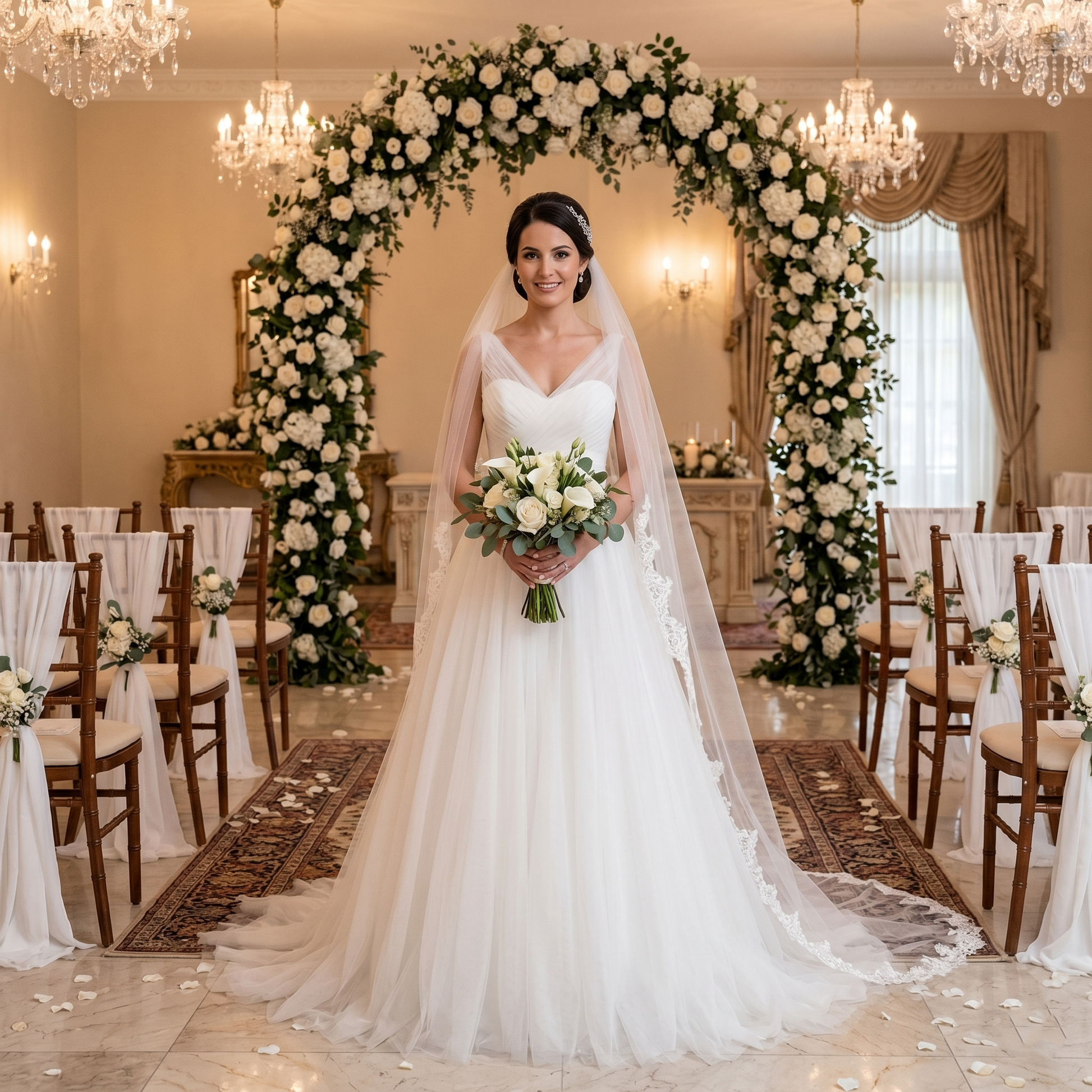 Bride wearing an elegant A-line tulle wedding dress with a lace-trimmed veil holding a bridal bouquet in a floral decorated ceremony room.