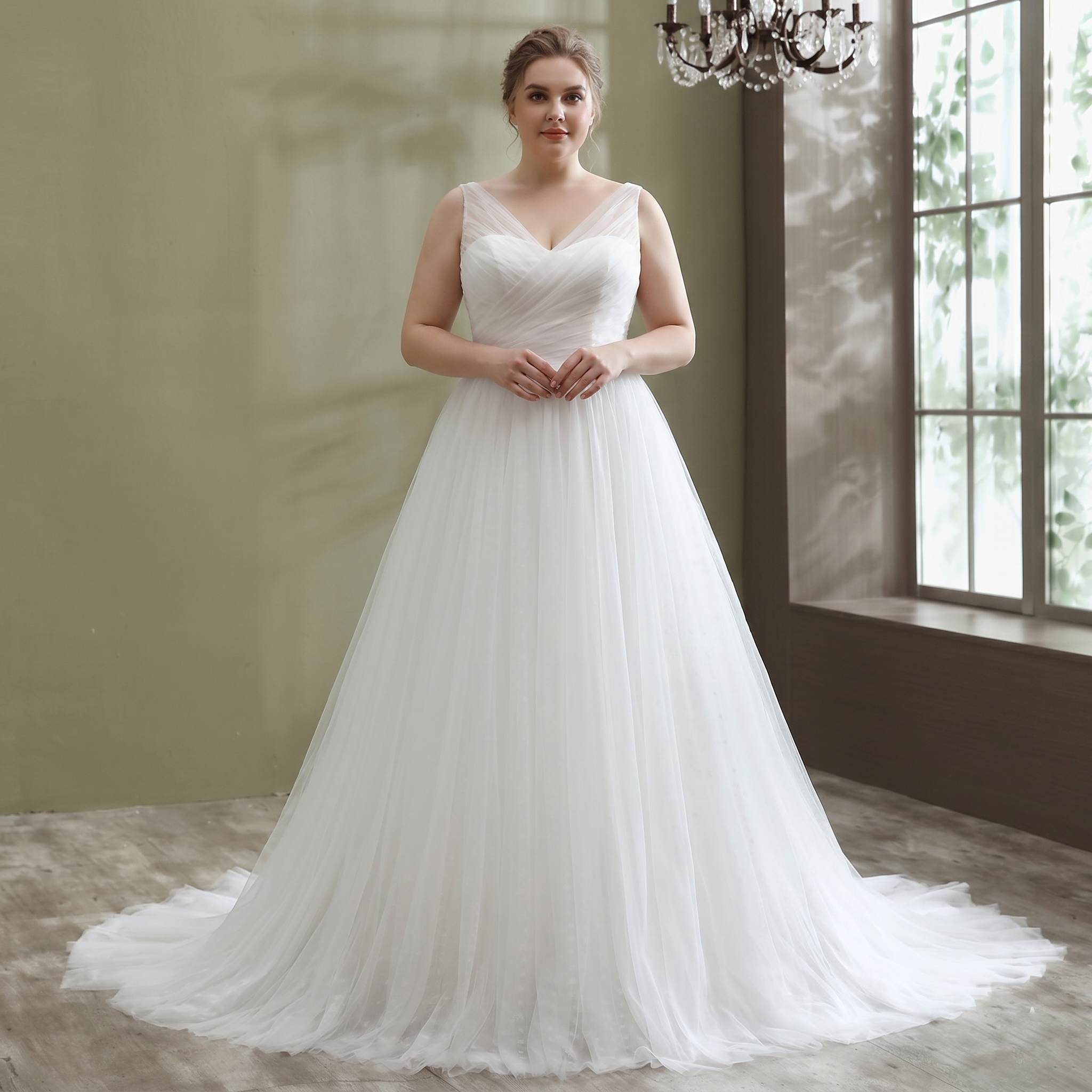 Full-length view of an elegant A-line tulle bridal gown with a romantic sweetheart neckline, perfect for a beach wedding.