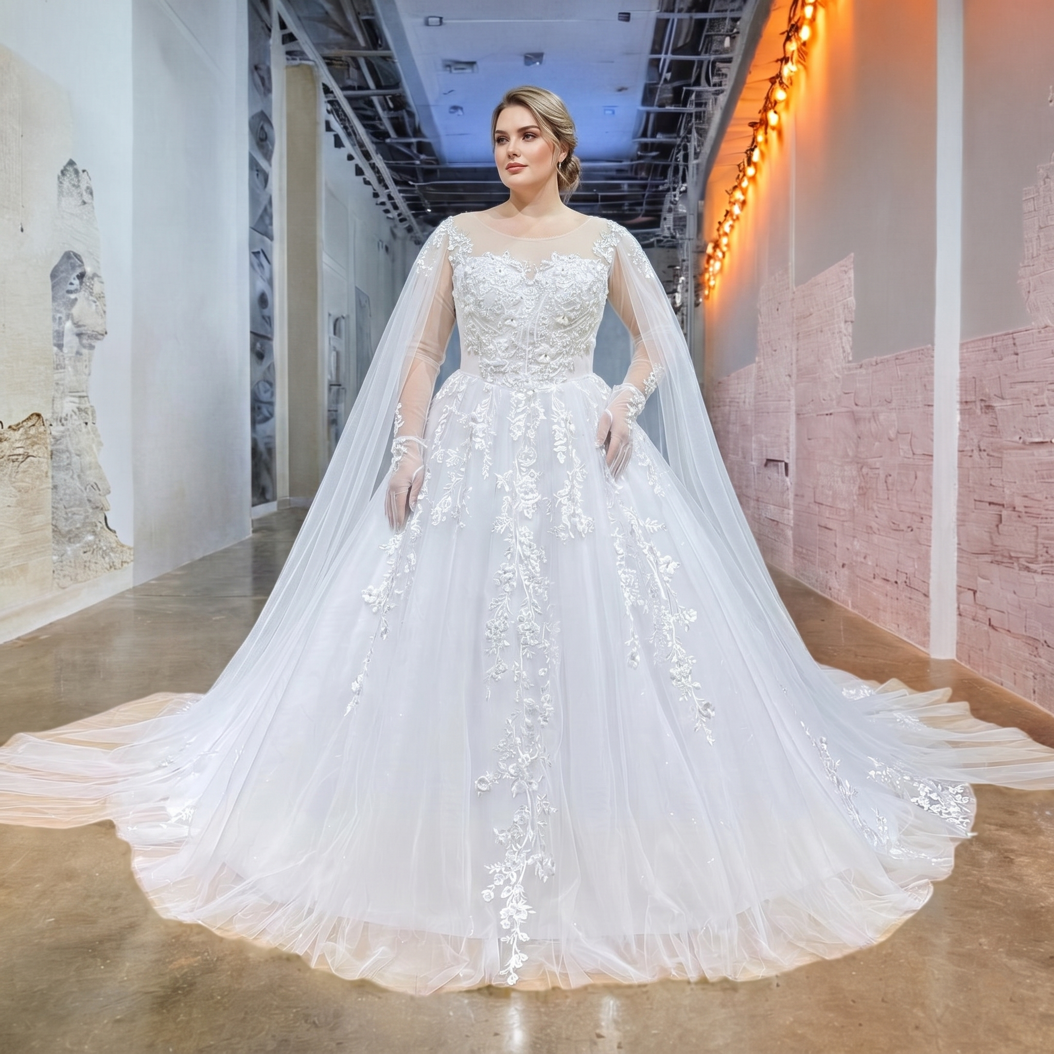 Plus-size bridal model in a modern indoor venue showcasing an elegant ball gown wedding dress with vintage lace detailing and dramatic floor-length long sheer shawl sleeves.
